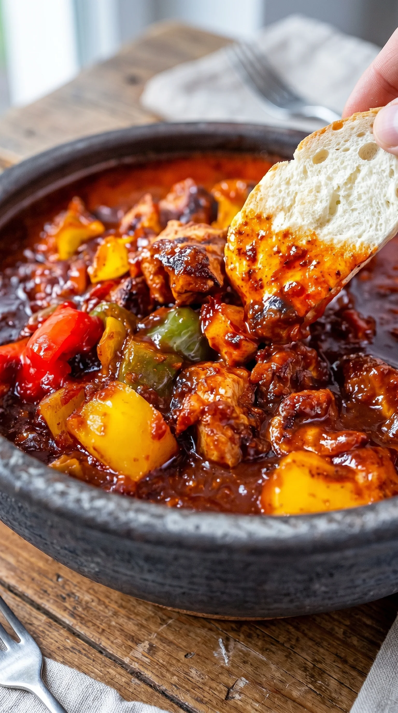 A bowl of chili with a spoon in it.