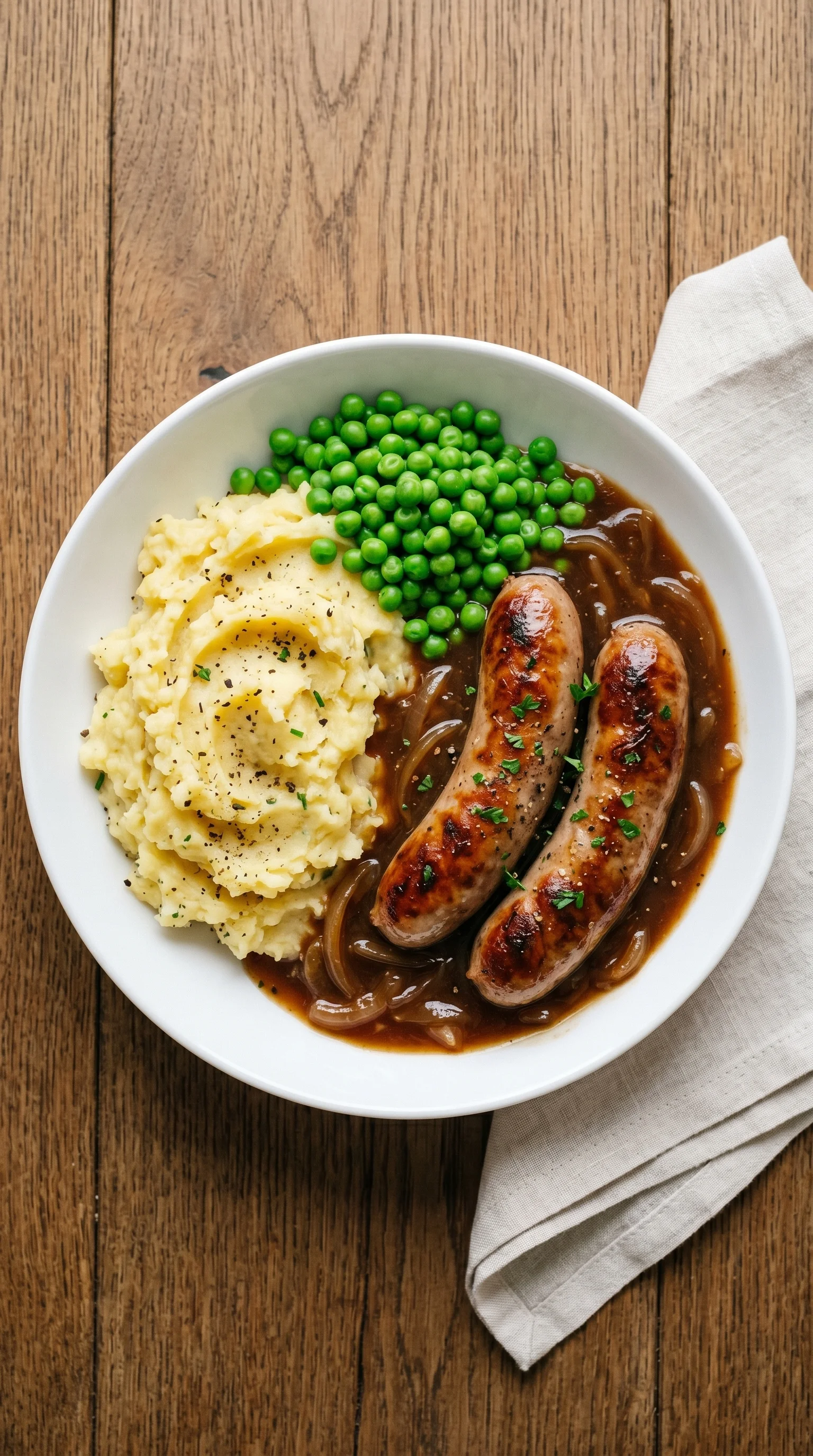 A plate of food with sausage and peas.