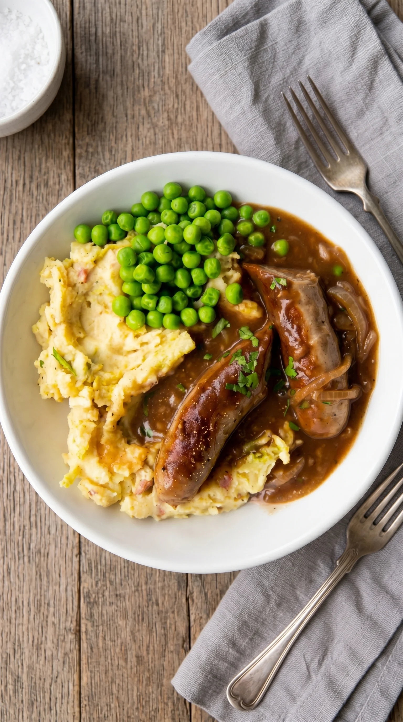 A plate of food with sausage and peas.