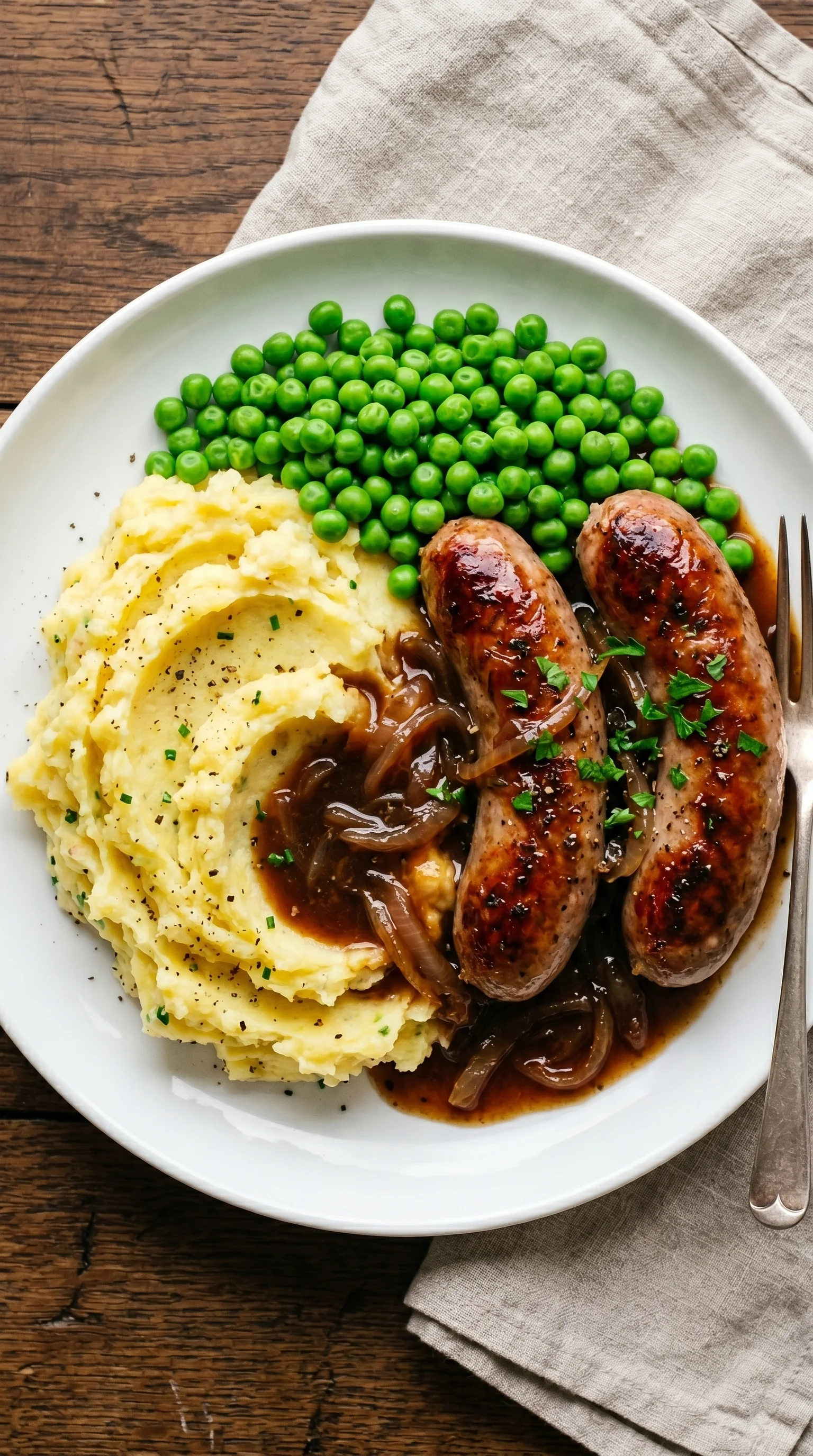 A plate of food with sausage and peas.