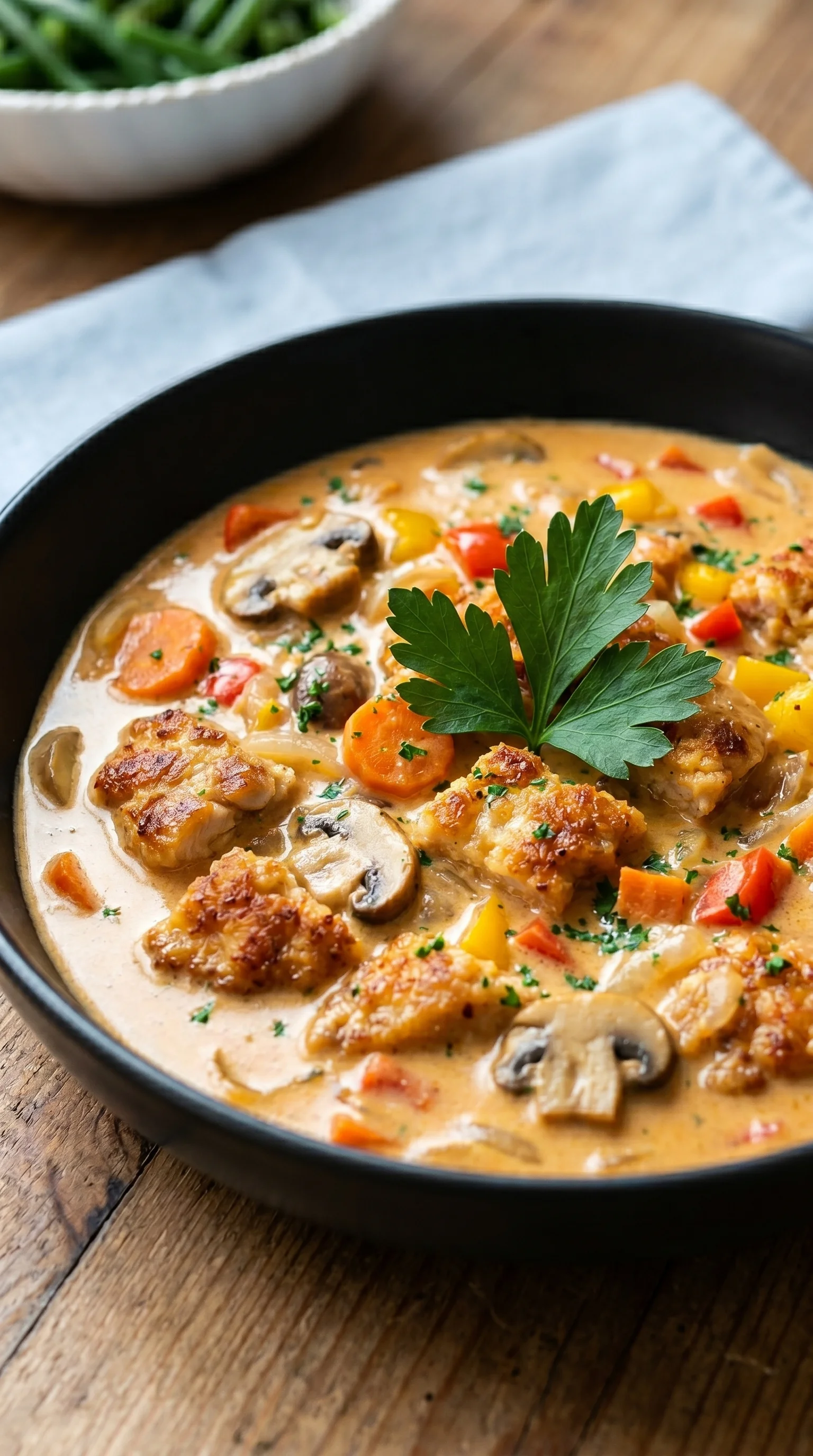 A bowl of chicken and vegetables.