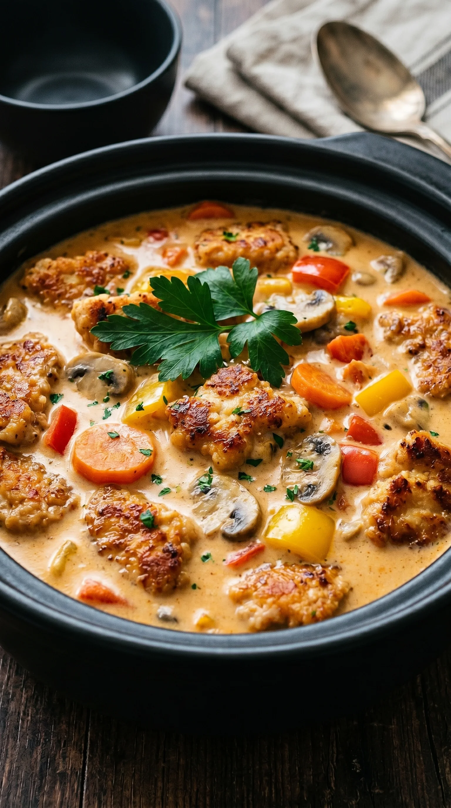 A bowl of food with a green herb on top.