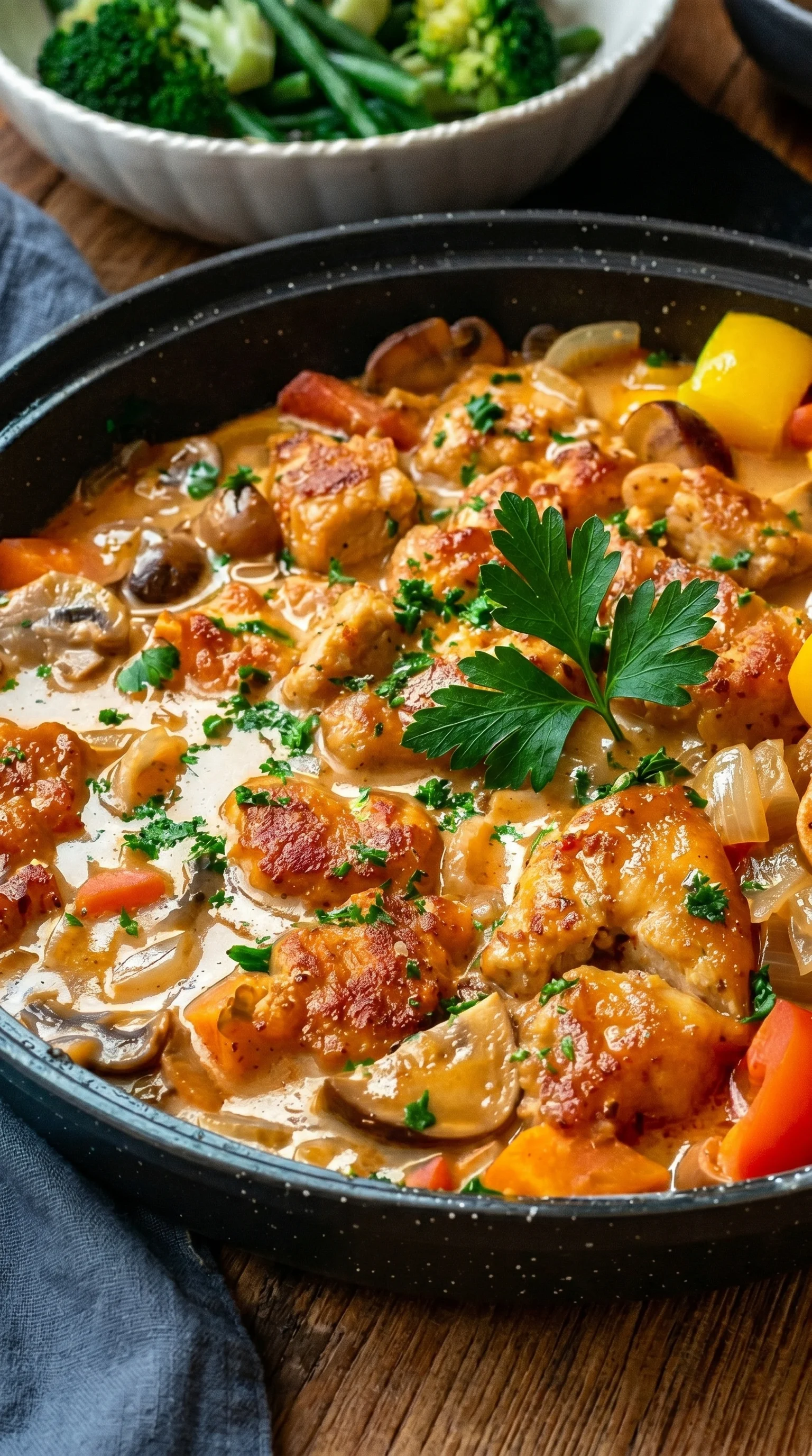 A delicious looking chicken dish with mushrooms and onions.
