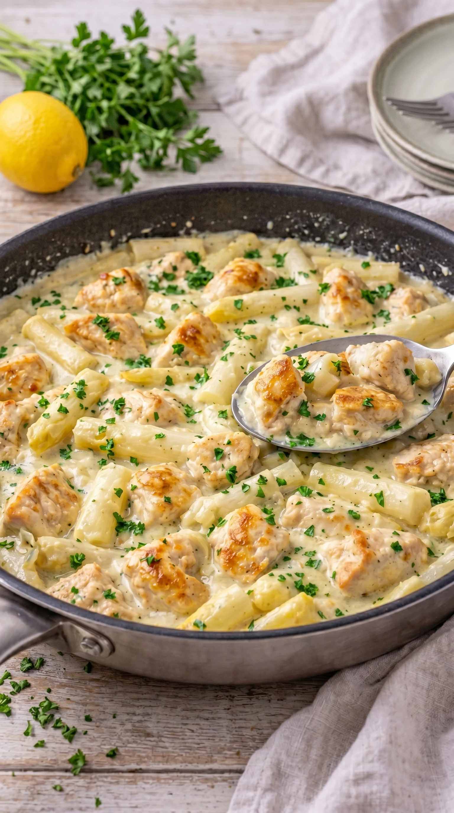 A pan of chicken and pasta with a spoon in it.