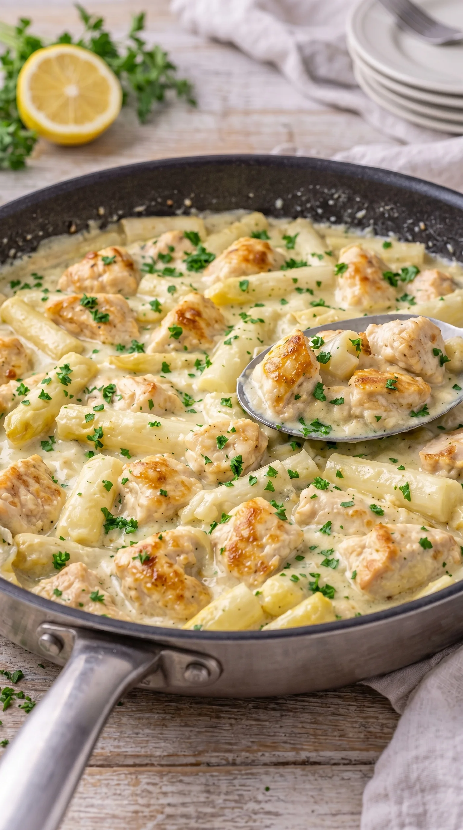 A pan of chicken and noodles.