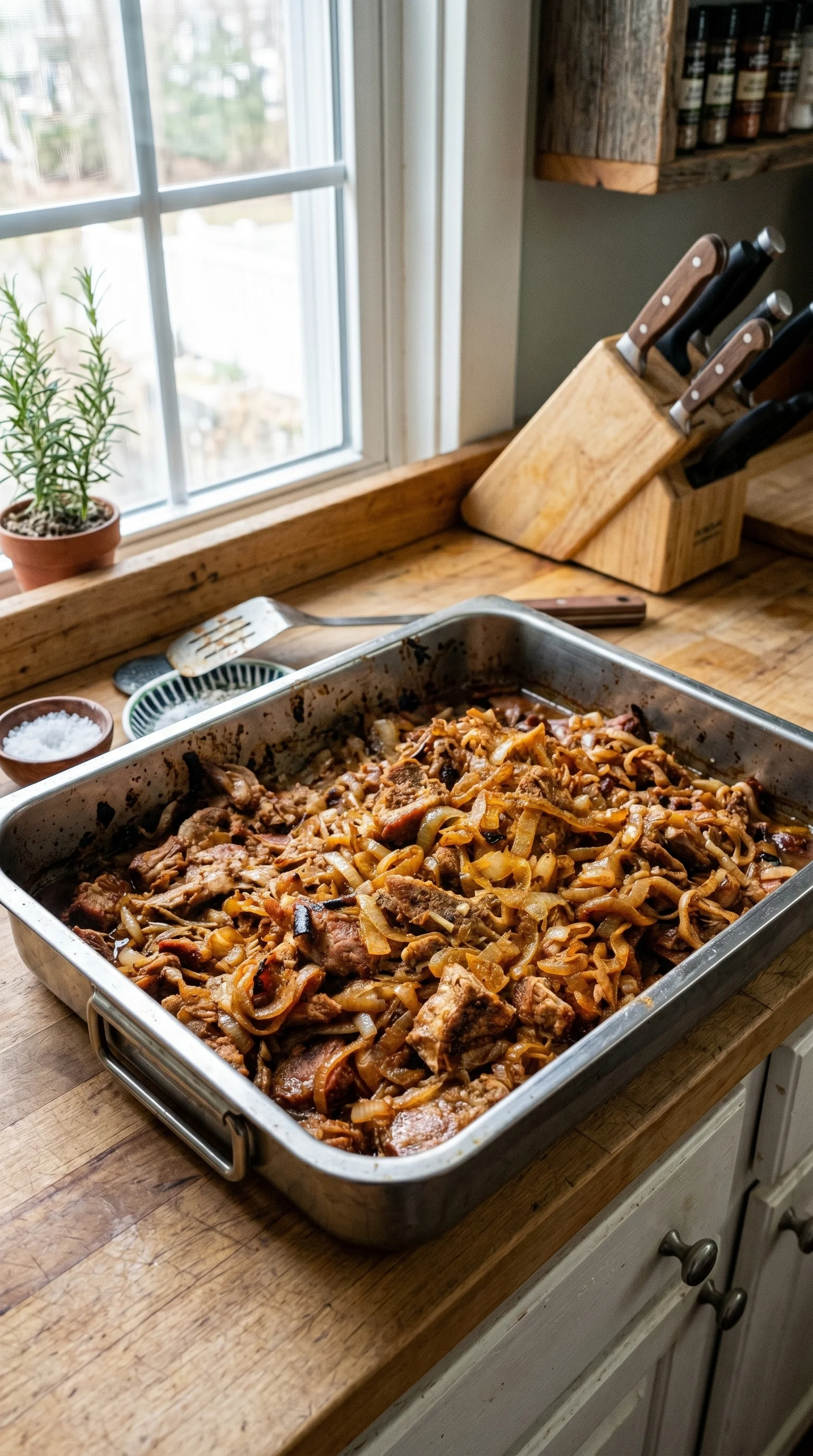 A pan of Zwiebelfleisch sits on a counter.