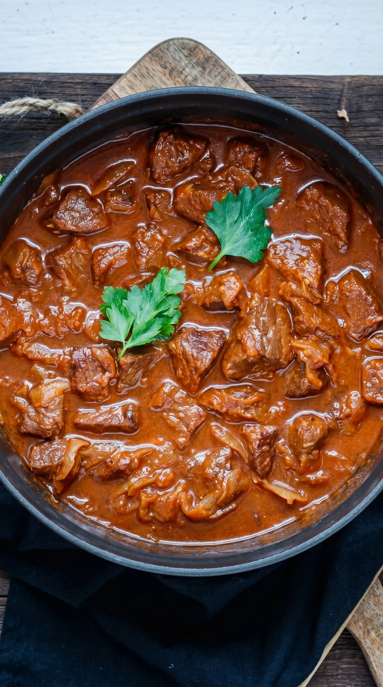 A bowl of meat with a green herb on top.