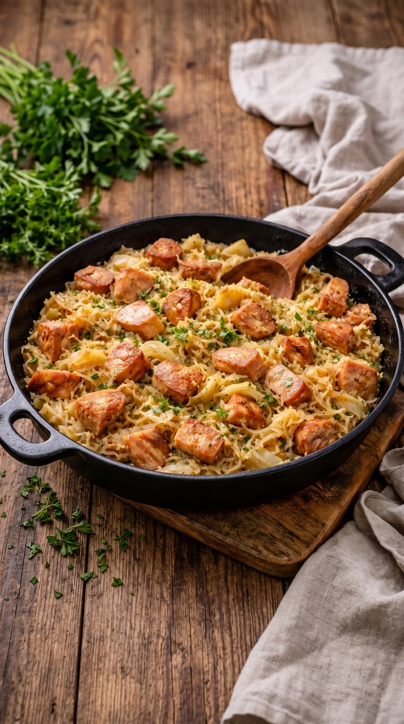 A black pan with a wooden handle filled with meat and sauerkraut.