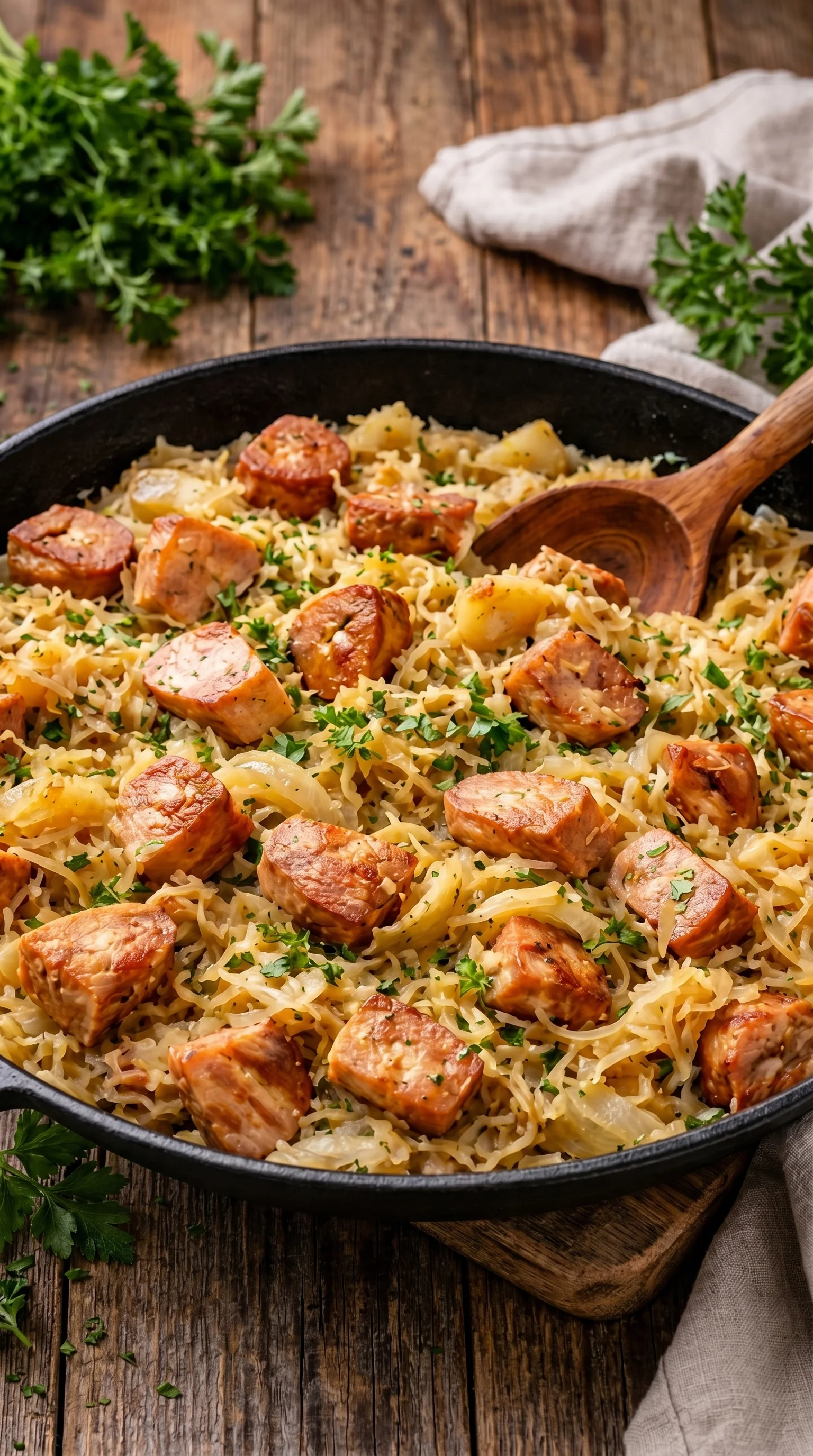 A pan of meat and sauerkraut.