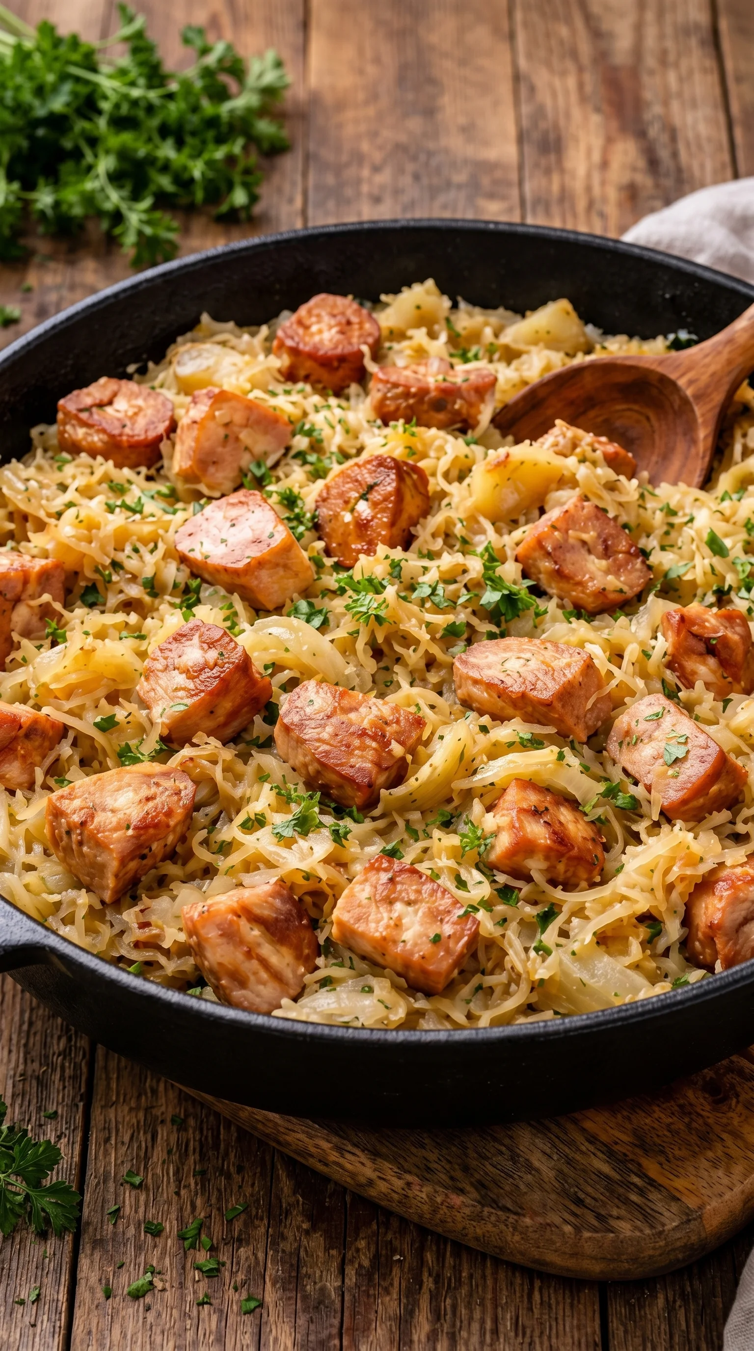 A pan of meat and sauerkraut.