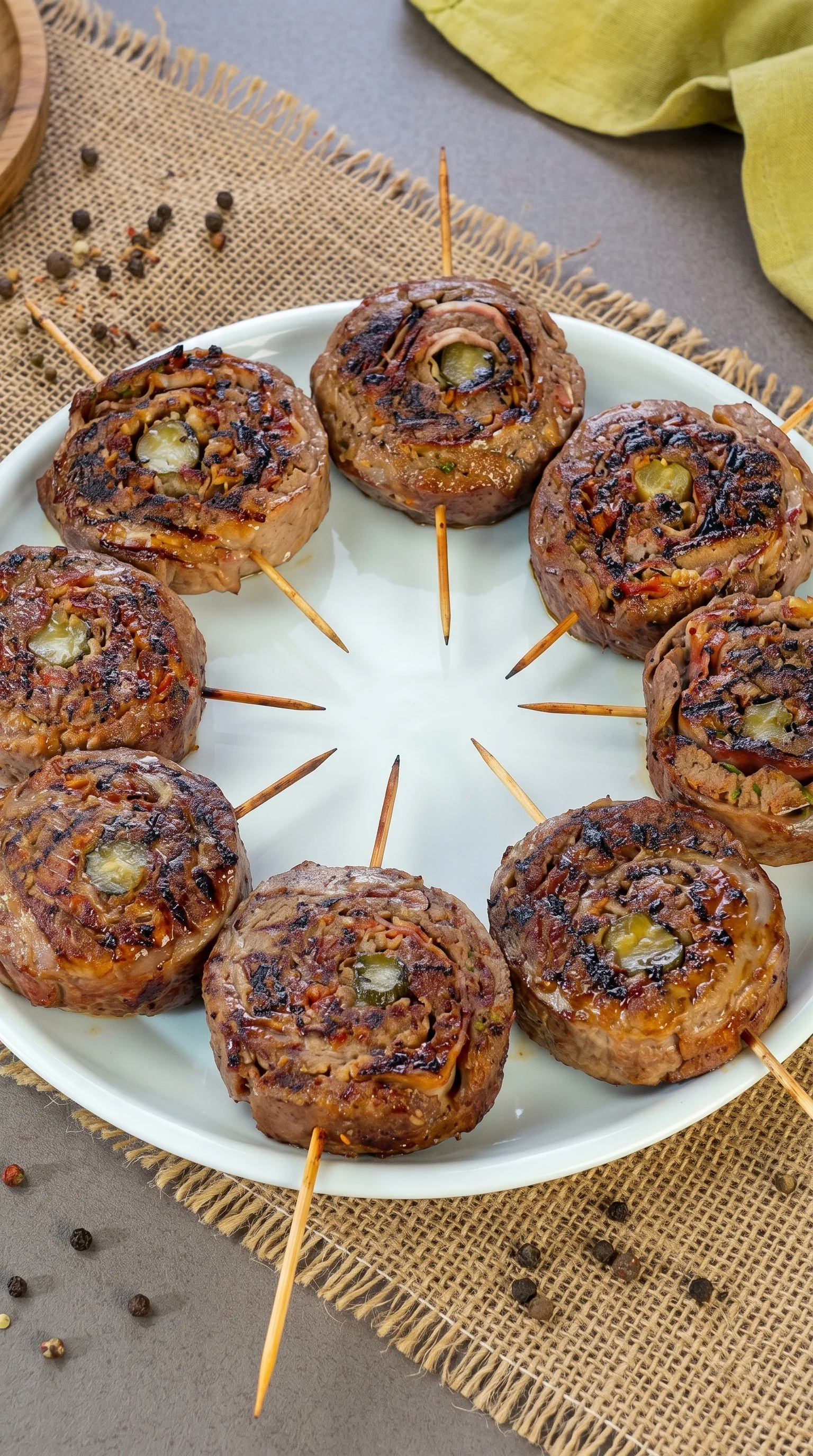 A plate of meatballs on a stick.