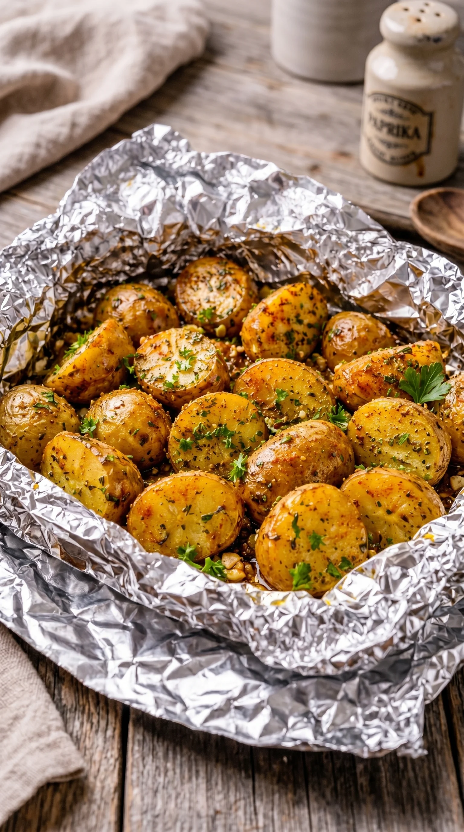 A bowl of grilled potatoes in aluminum foil.