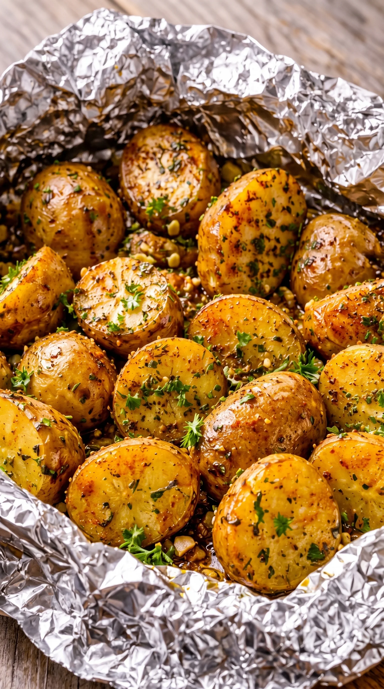 Grilled potatoes in aluminum foil.