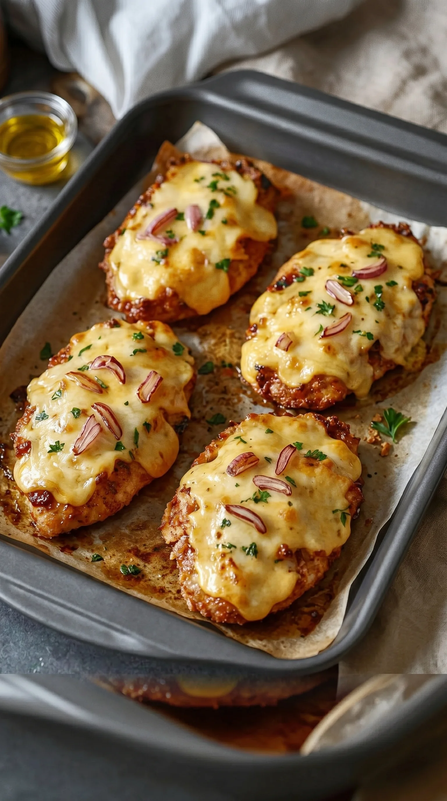 A pan of chicken with cheese and onions.