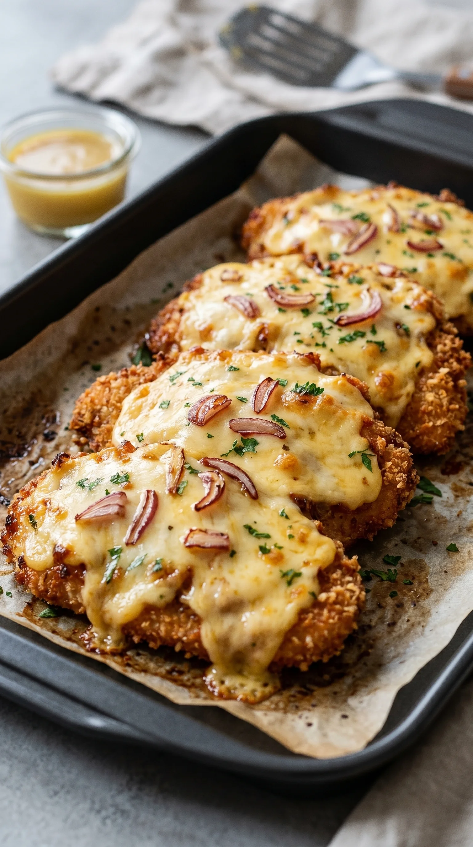 A pan of fried chicken with cheese and onions.