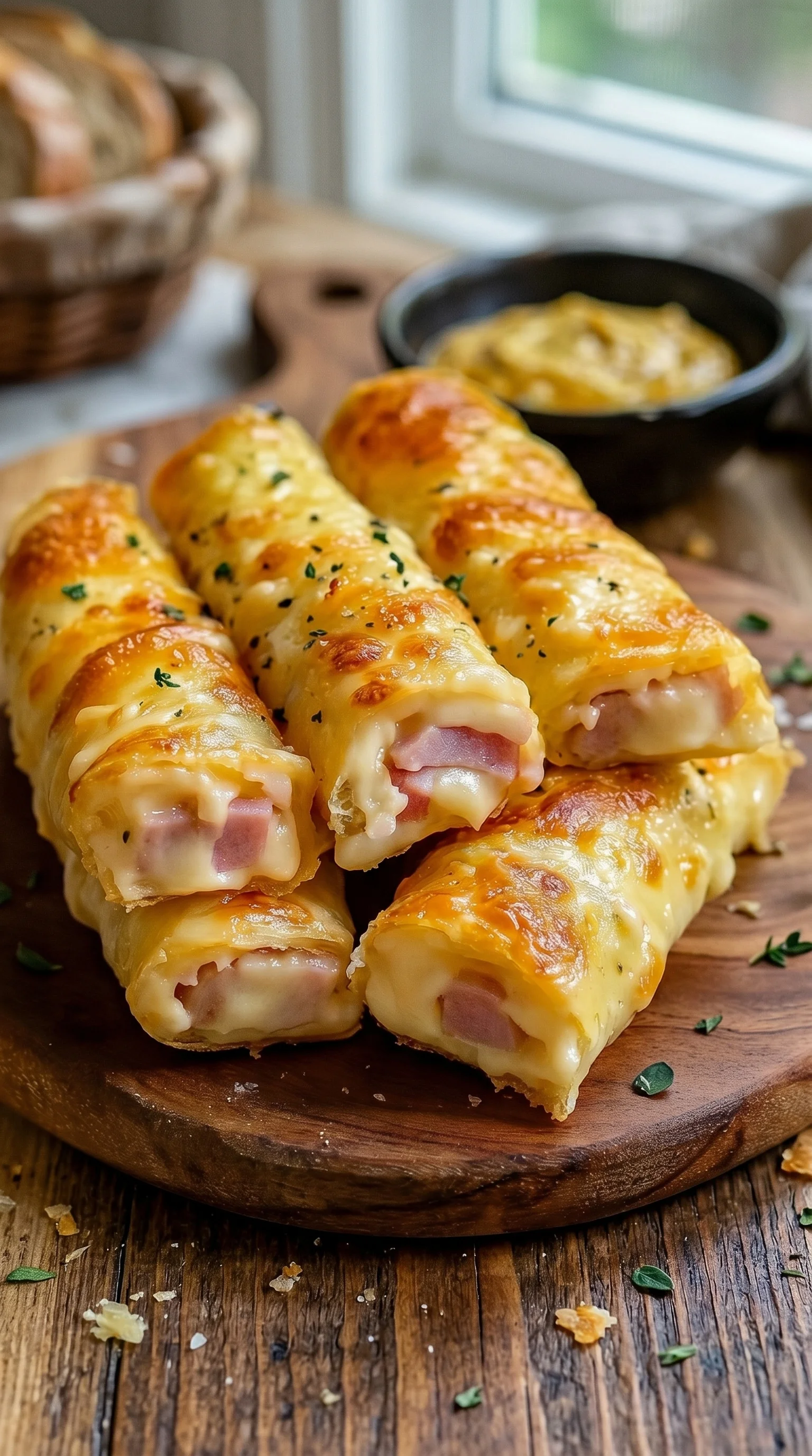 A plate of Käsige Schinken-Käse-Sticks.