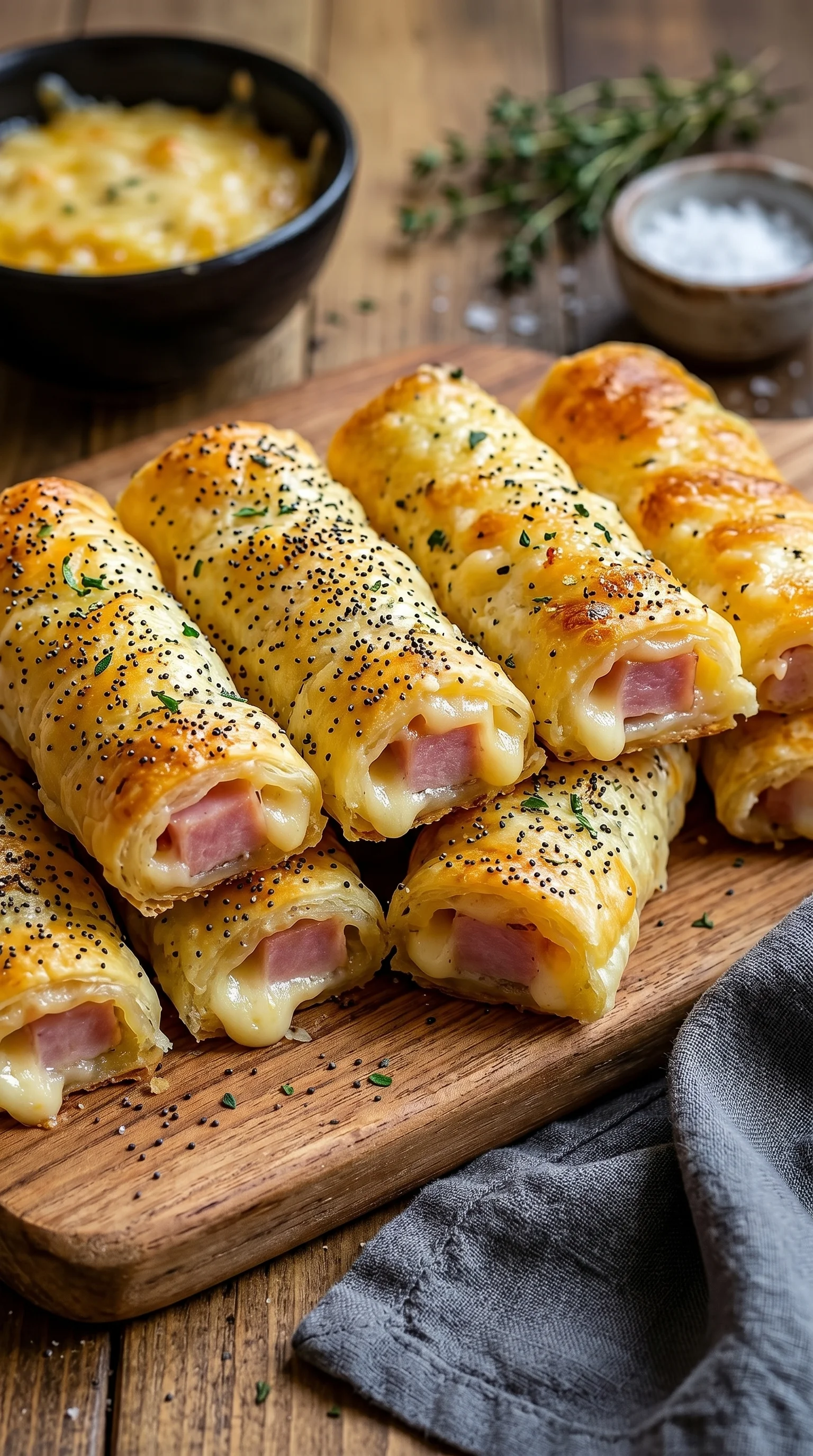 A wooden board with 6 pieces of Käsige Schinken-Käse-Sticks.