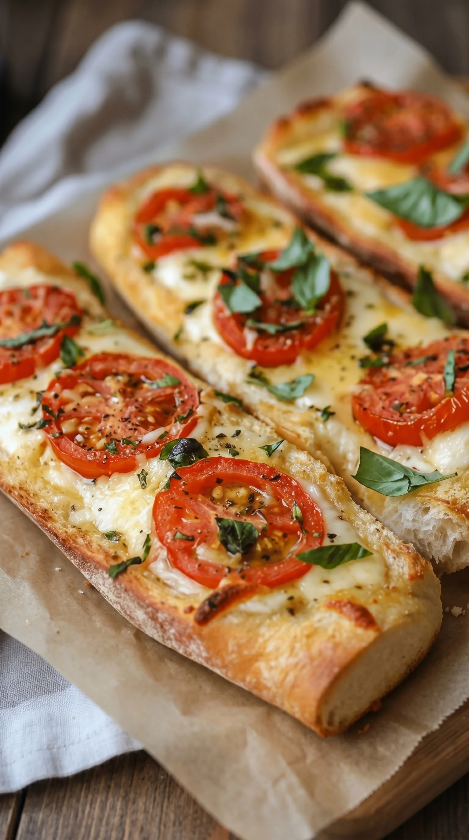 A baguette with tomatoes and cheese on top.