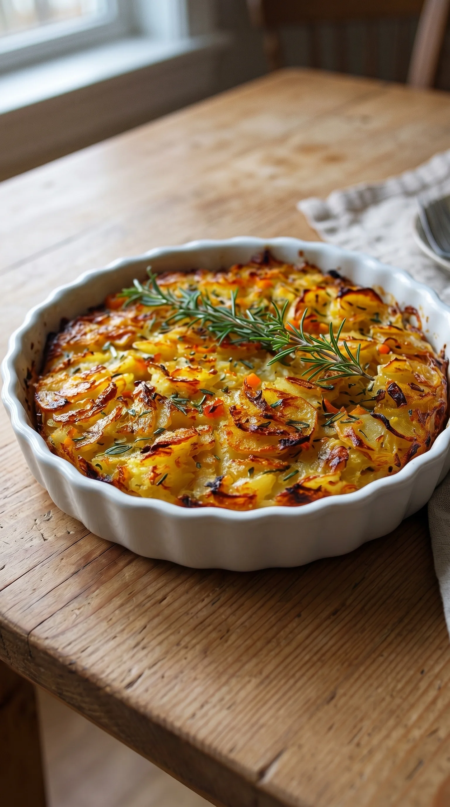 A vegetarian potato casserole with herbs on top.