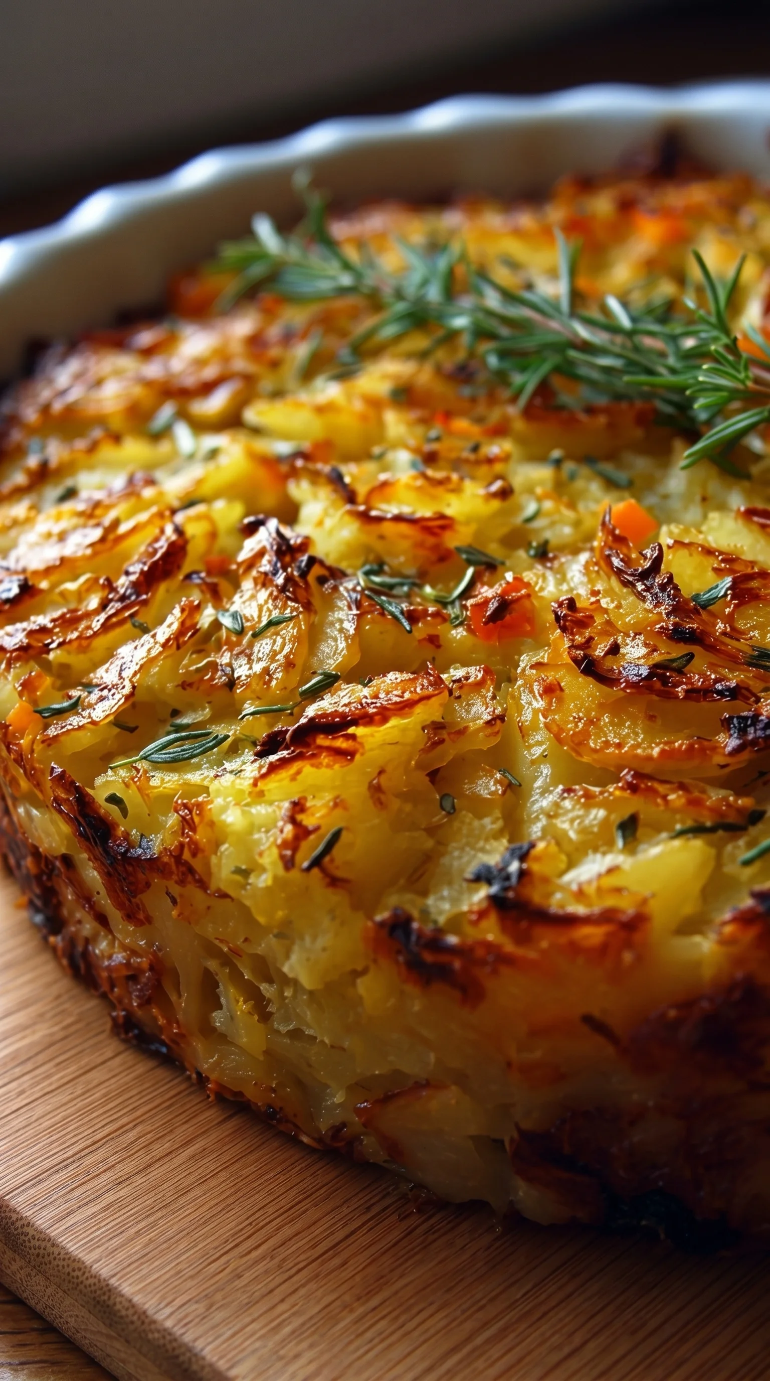 A vegetarian potato casserole with herbs on top.