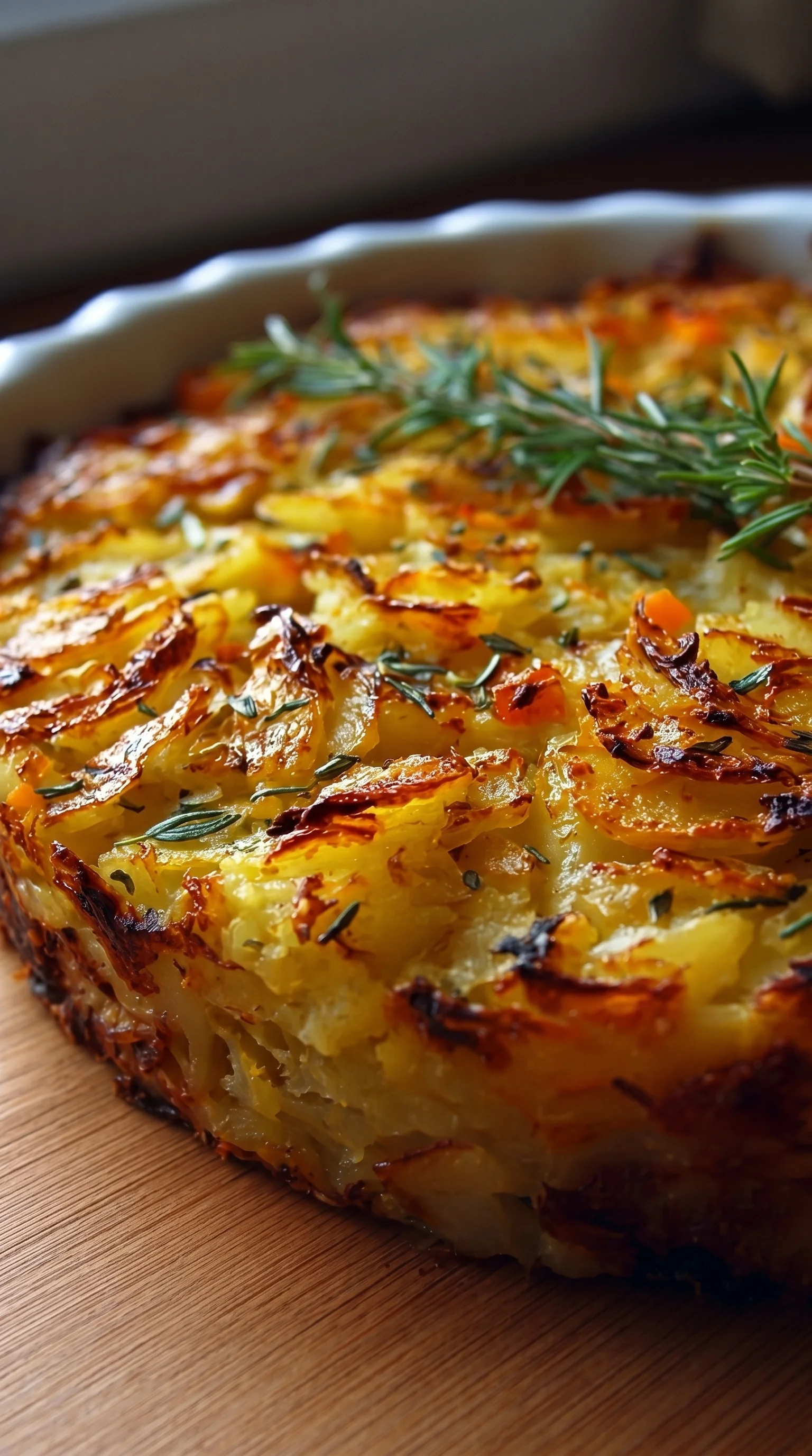 A vegetarian potato casserole with herbs on top.