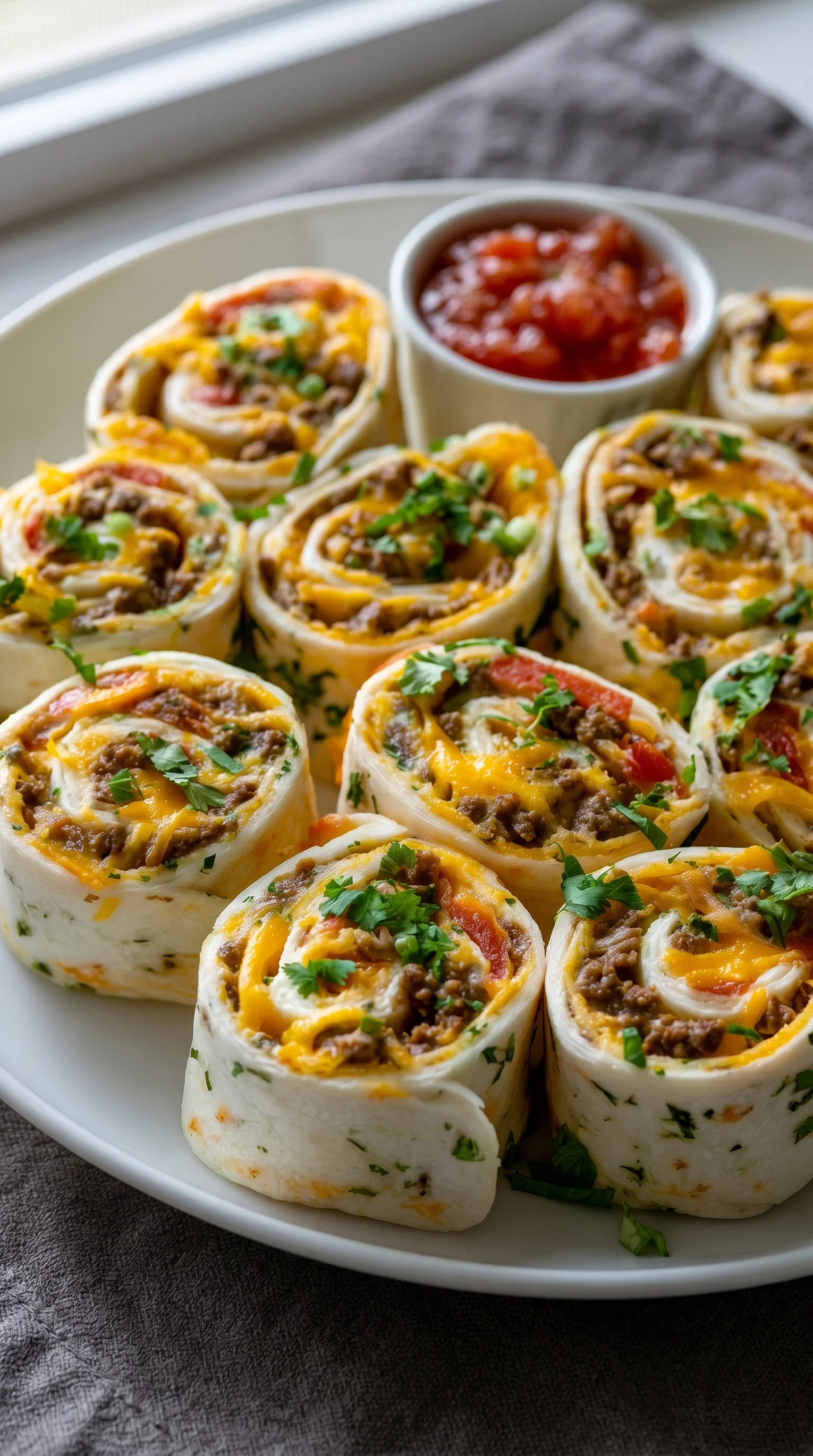 A plate of taco pinwheels with tomato and cheese.