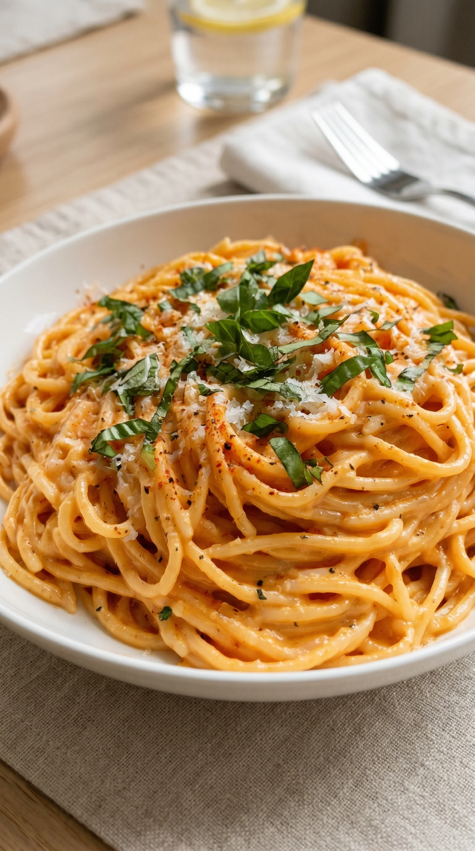 A bowl of pasta with Parmesan cheese and herbs.