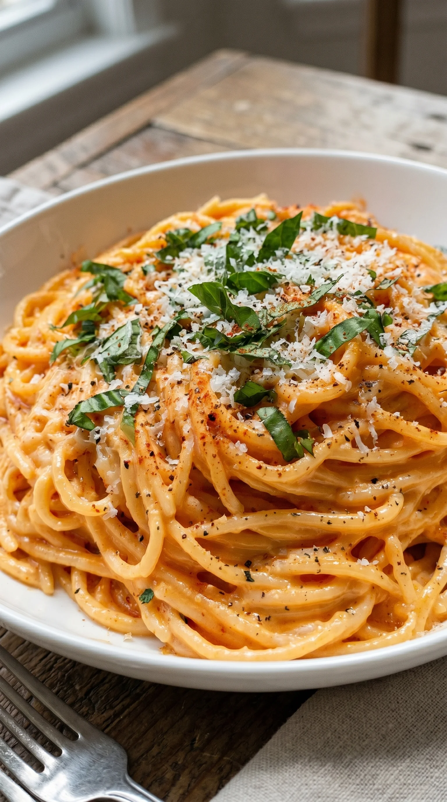 A bowl of pasta with cheese and herbs.