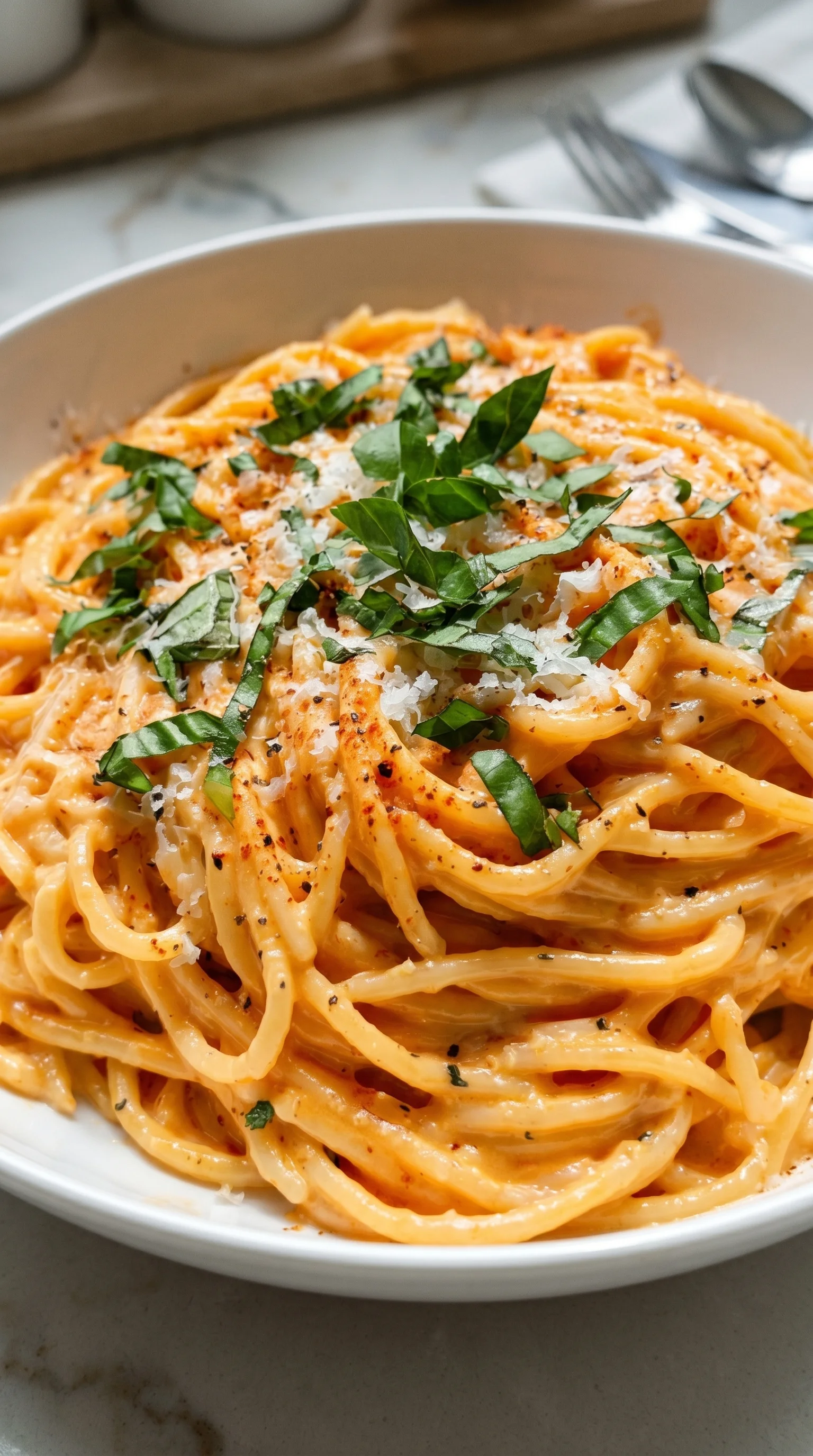 A bowl of pasta with cheese and parsley.