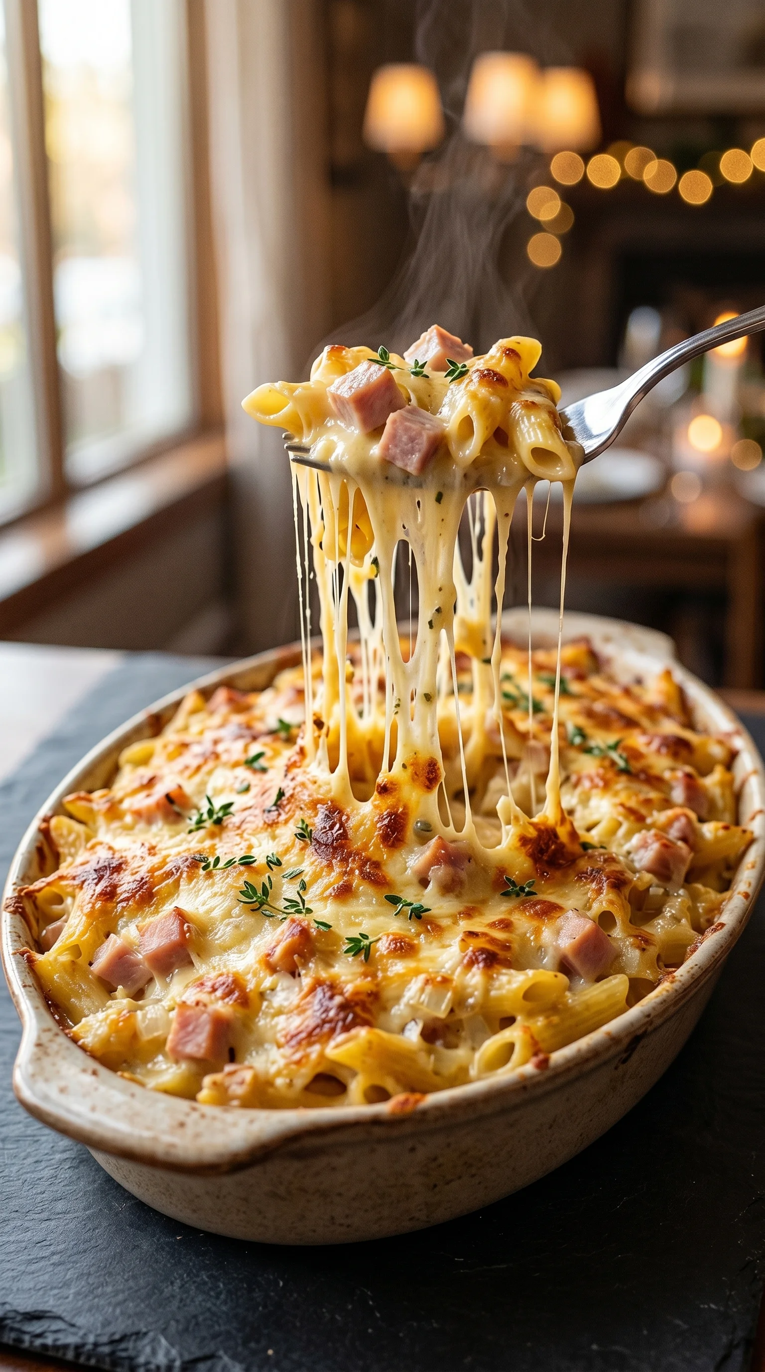 A creamy pasta dish with ham.