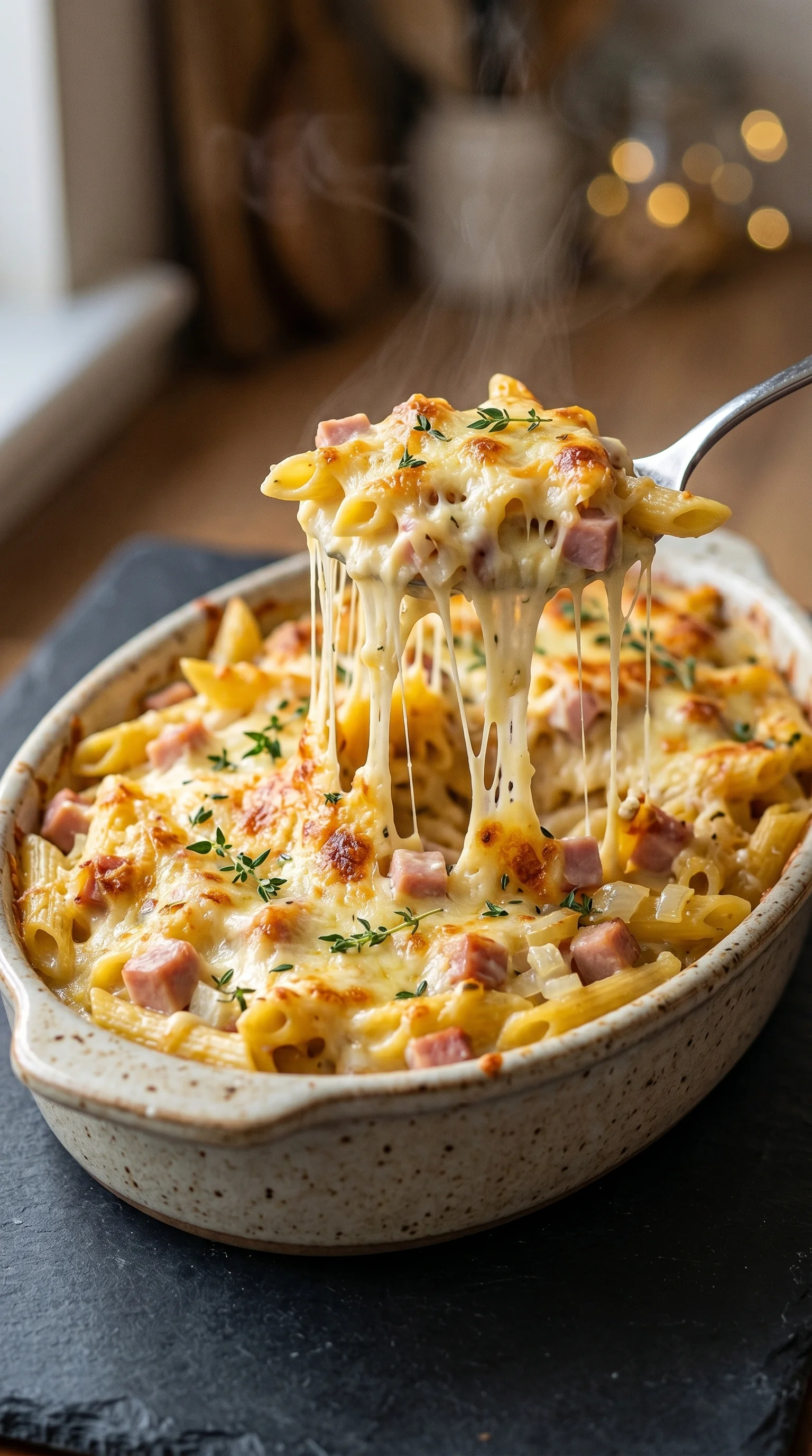 A bowl of creamy pasta with ham.