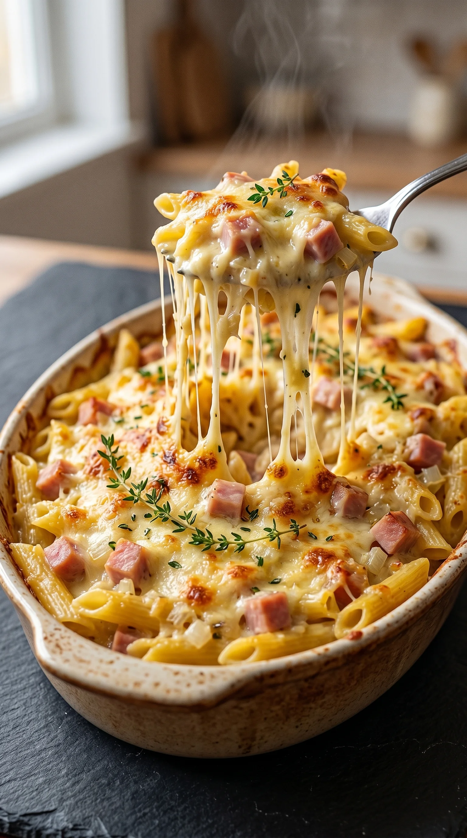 A creamy pasta dish with ham and cheese.
