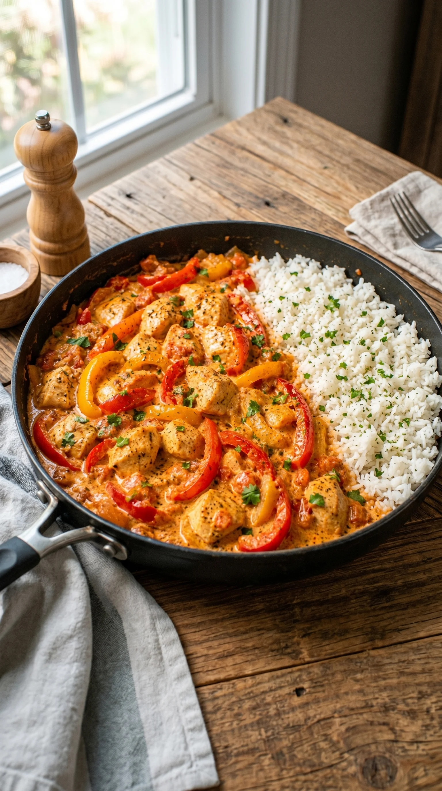 A pan of chicken and rice with peppers.