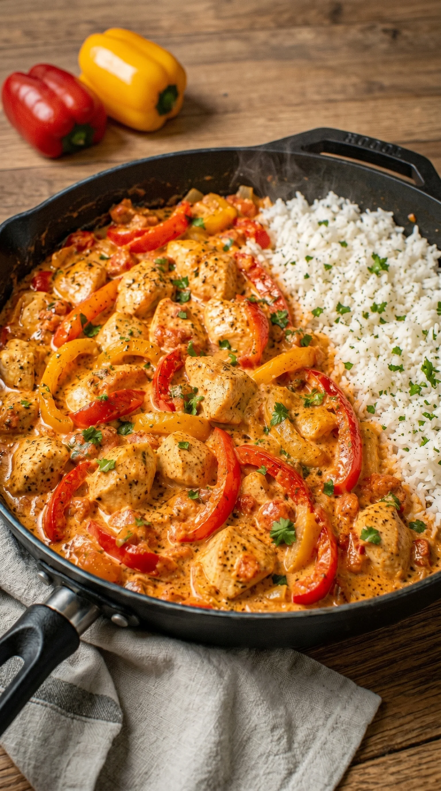 A pan of chicken with tomatoes and peppers.