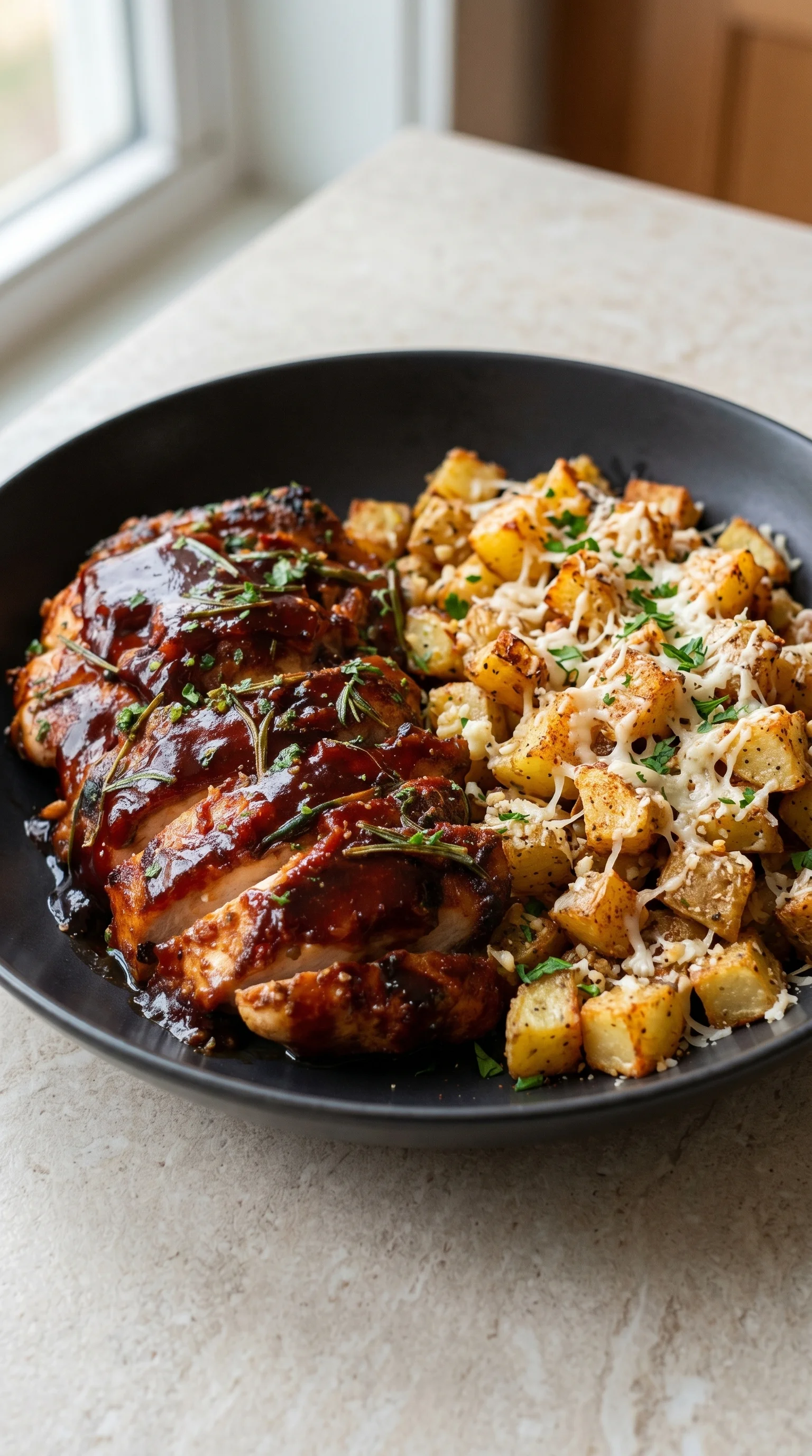 A plate of BBQ chicken with potatoes and parmesan cheese.