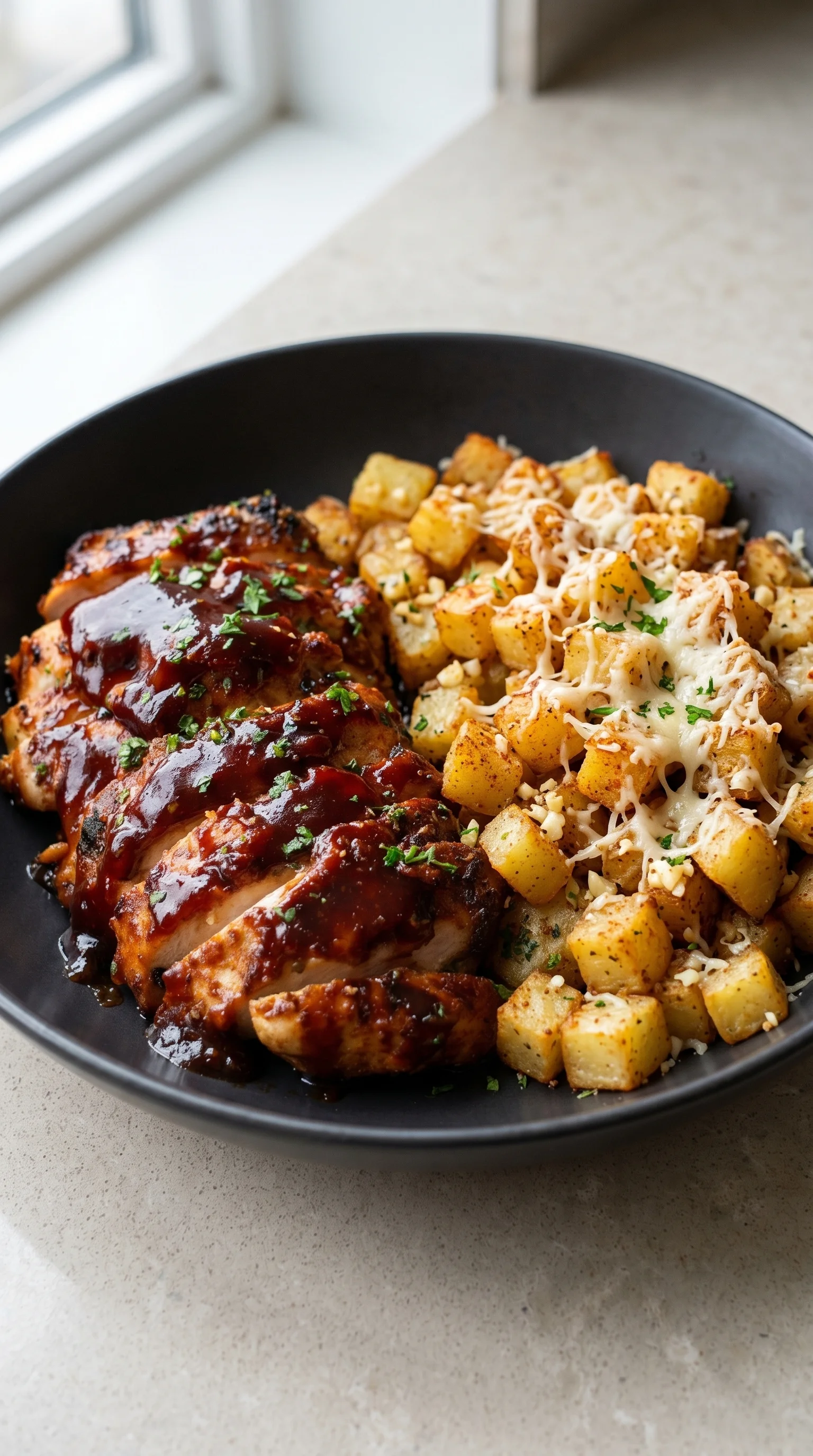A plate of BBQ chicken with potatoes and parmesan cheese.