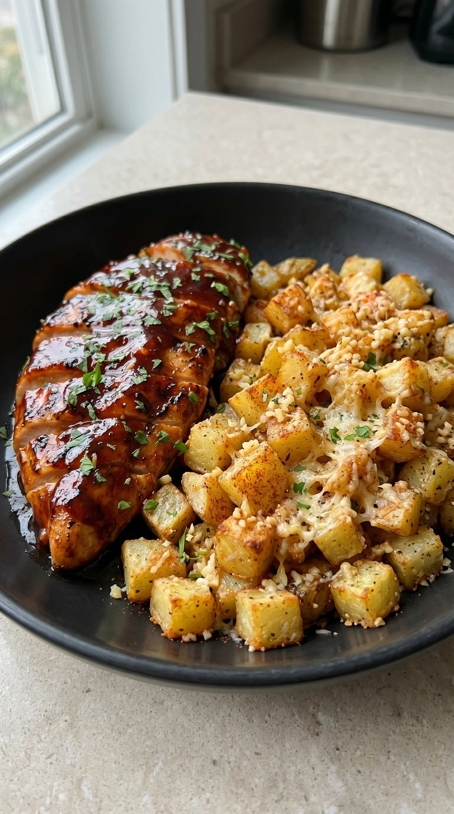 A plate of BBQ chicken with potatoes and parmesan cheese.