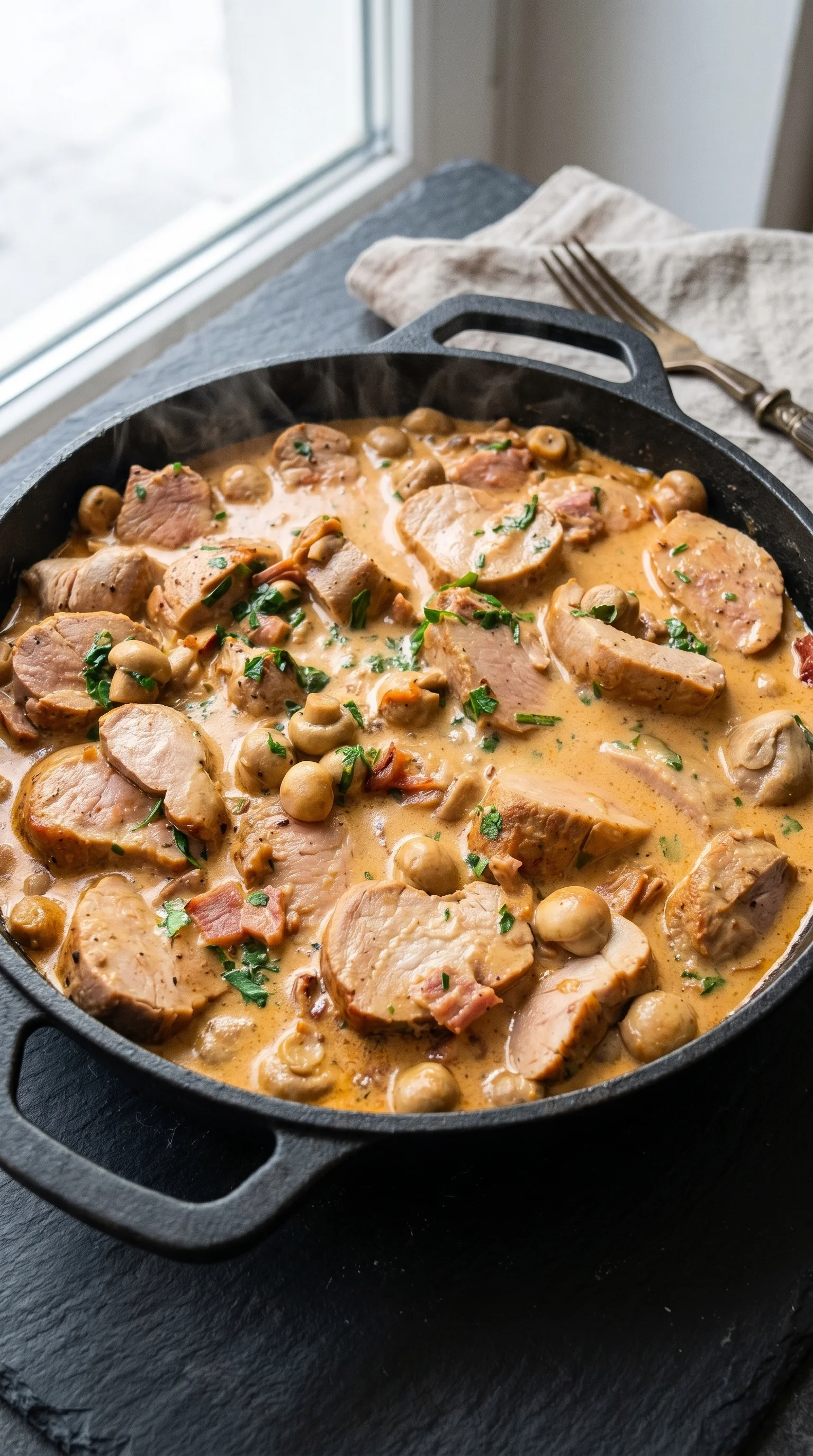 A pot of meat and vegetables.