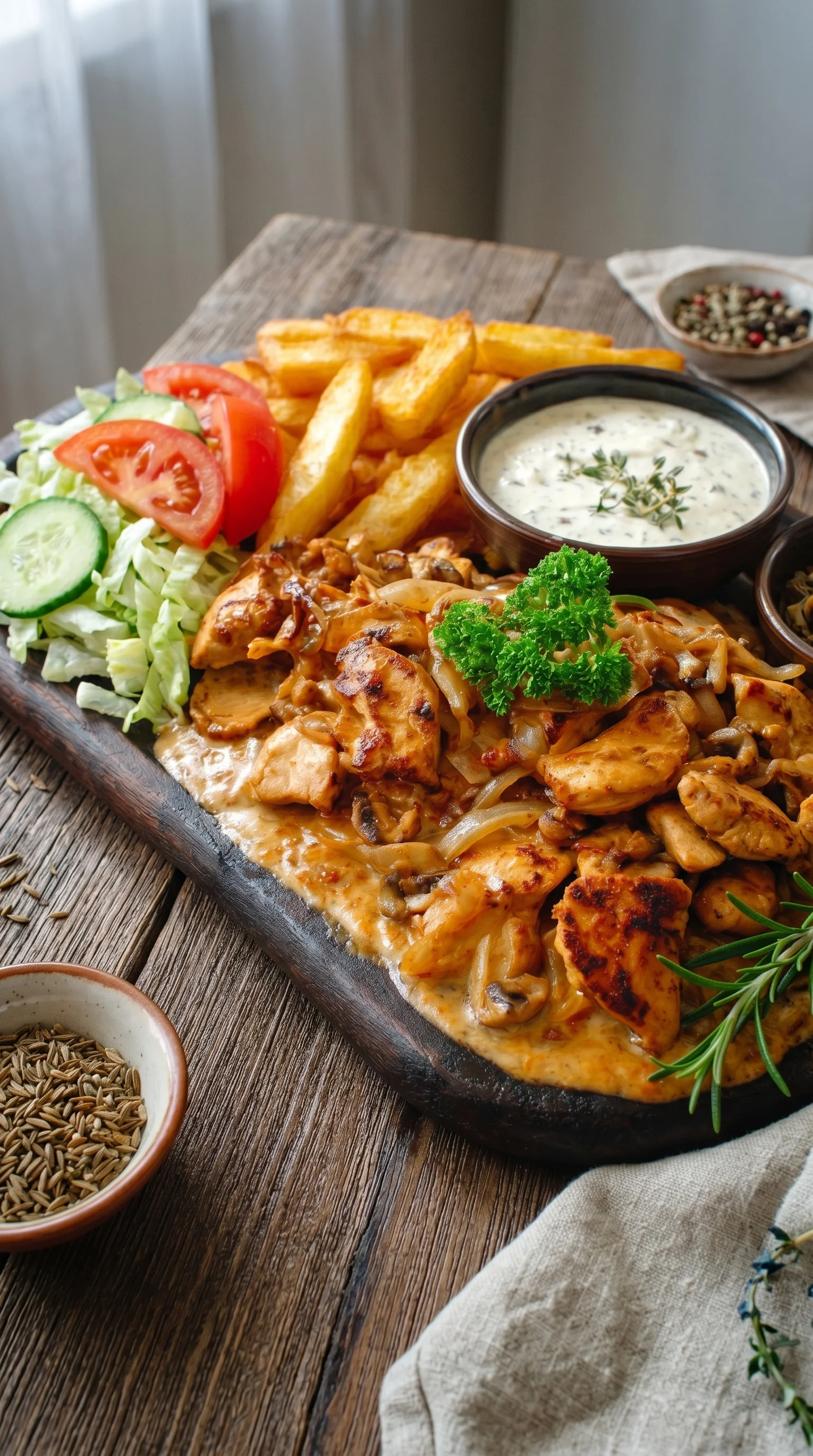 A plate of food with chicken, tomatoes, onions, and fries.