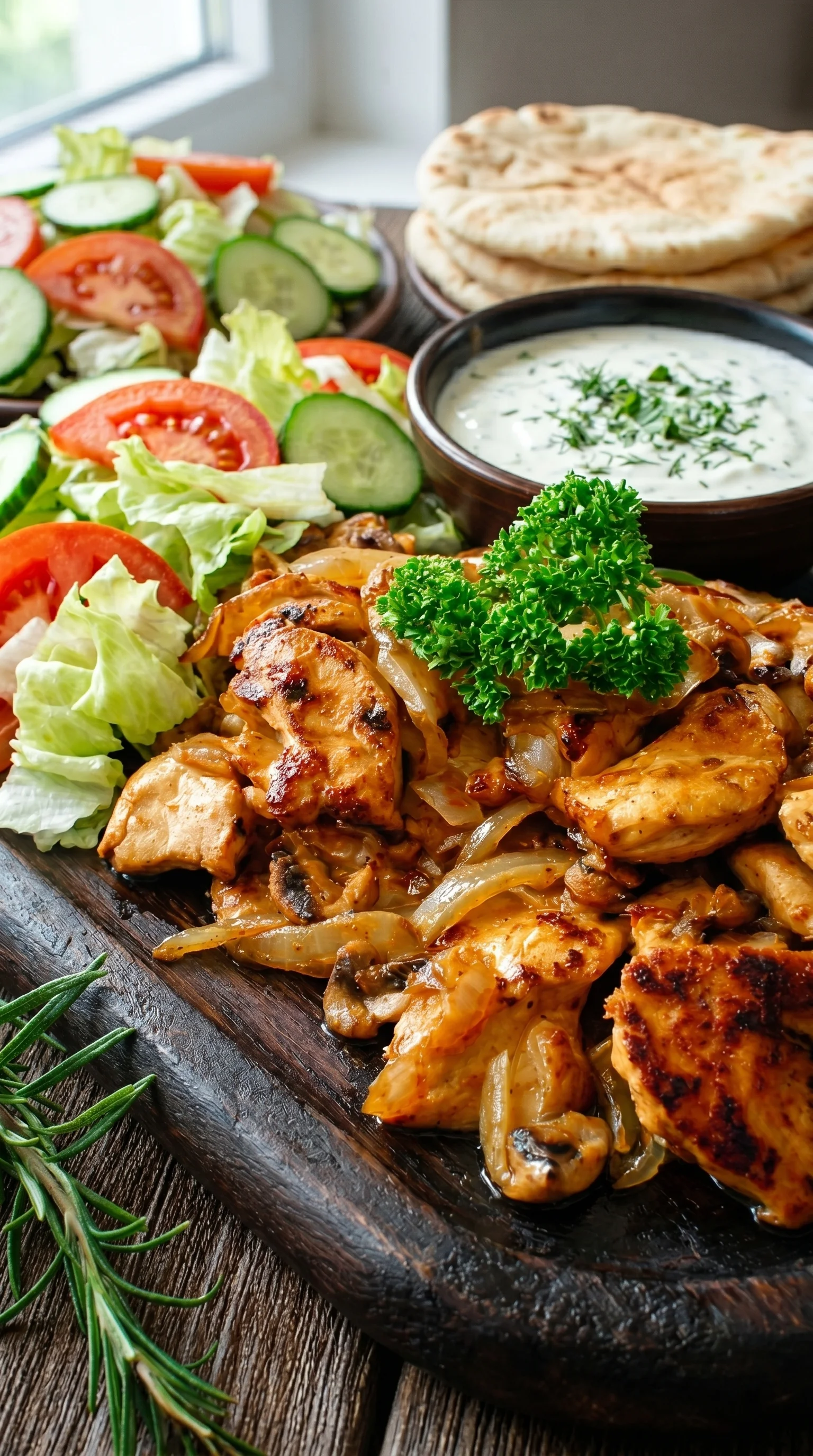 A plate of chicken with onions and a bowl of sauce.