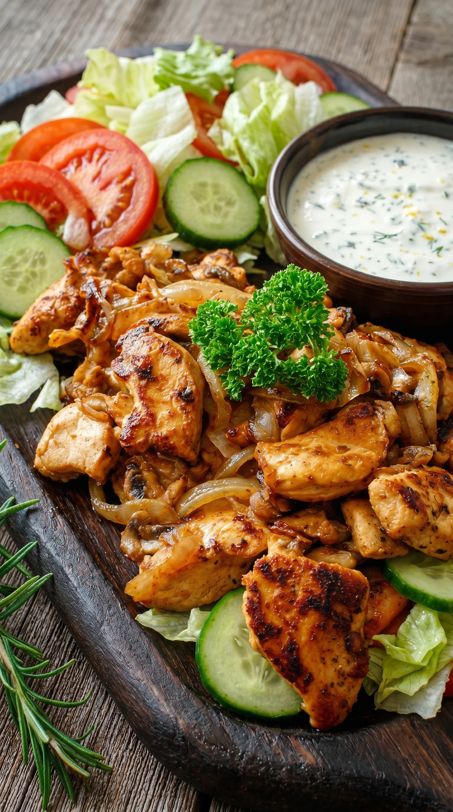 A plate of chicken with onions and a bowl of sauce.