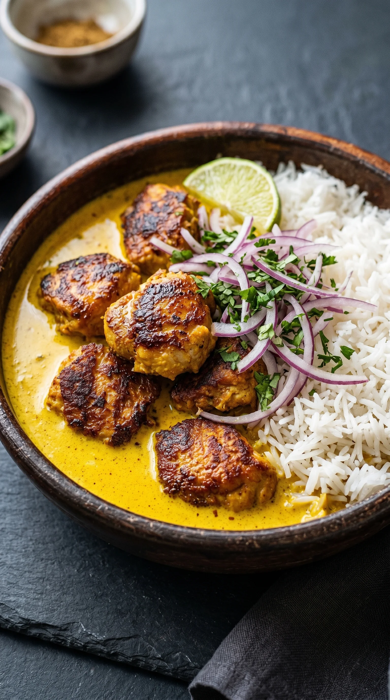 A bowl of chicken and rice.