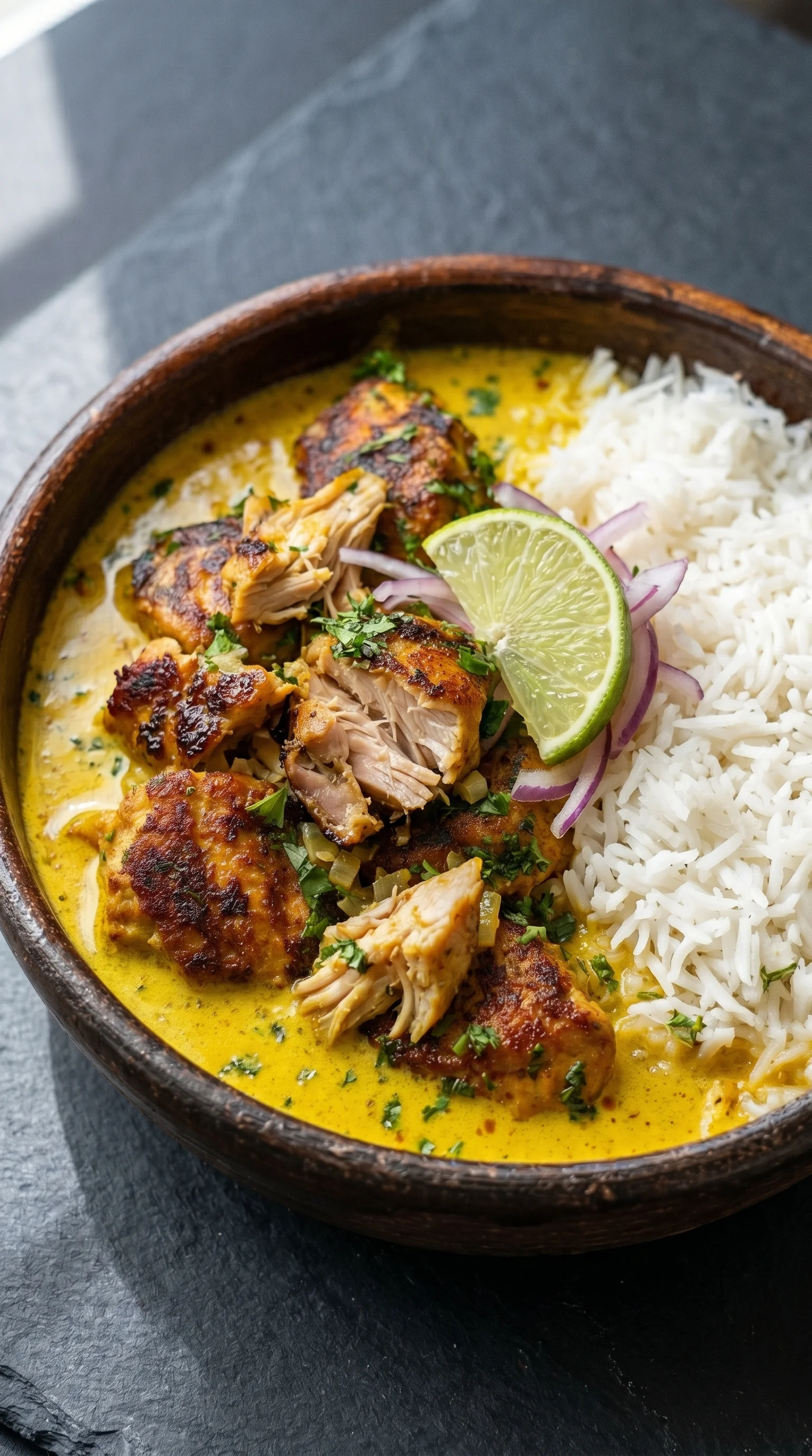 A bowl of chicken and rice with lime wedges on top.