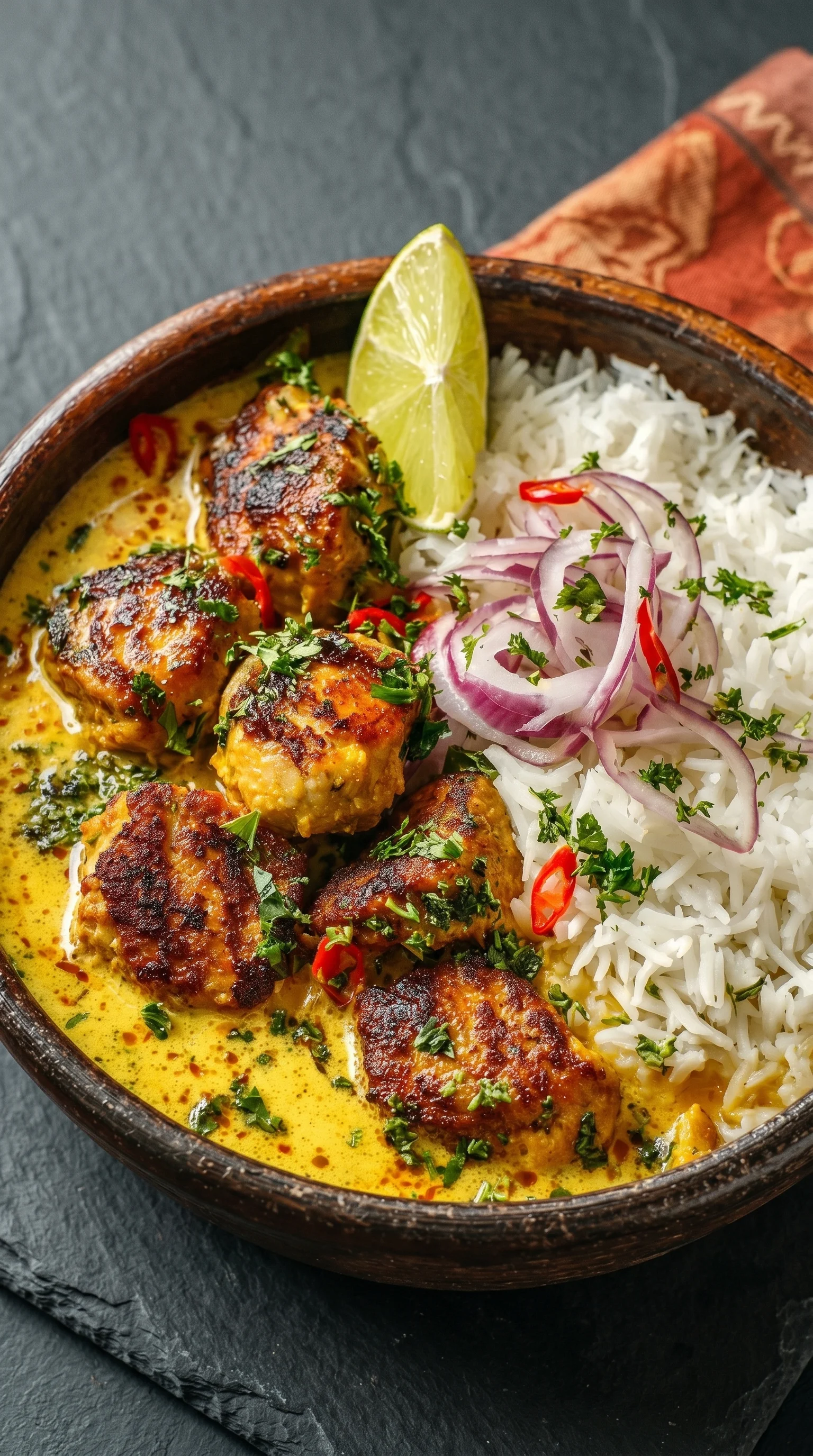 A bowl of chicken with rice and onions.