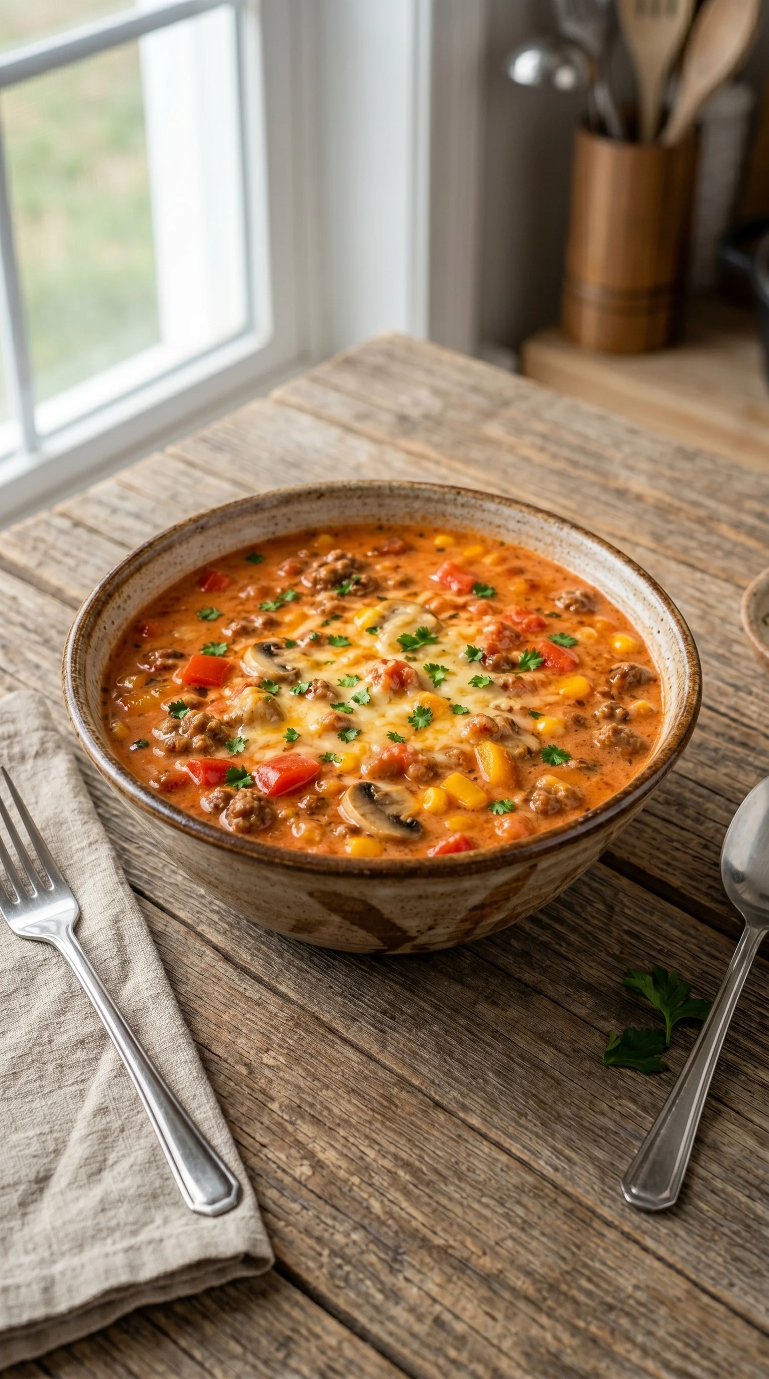 A bowl of soup with meat and vegetables.