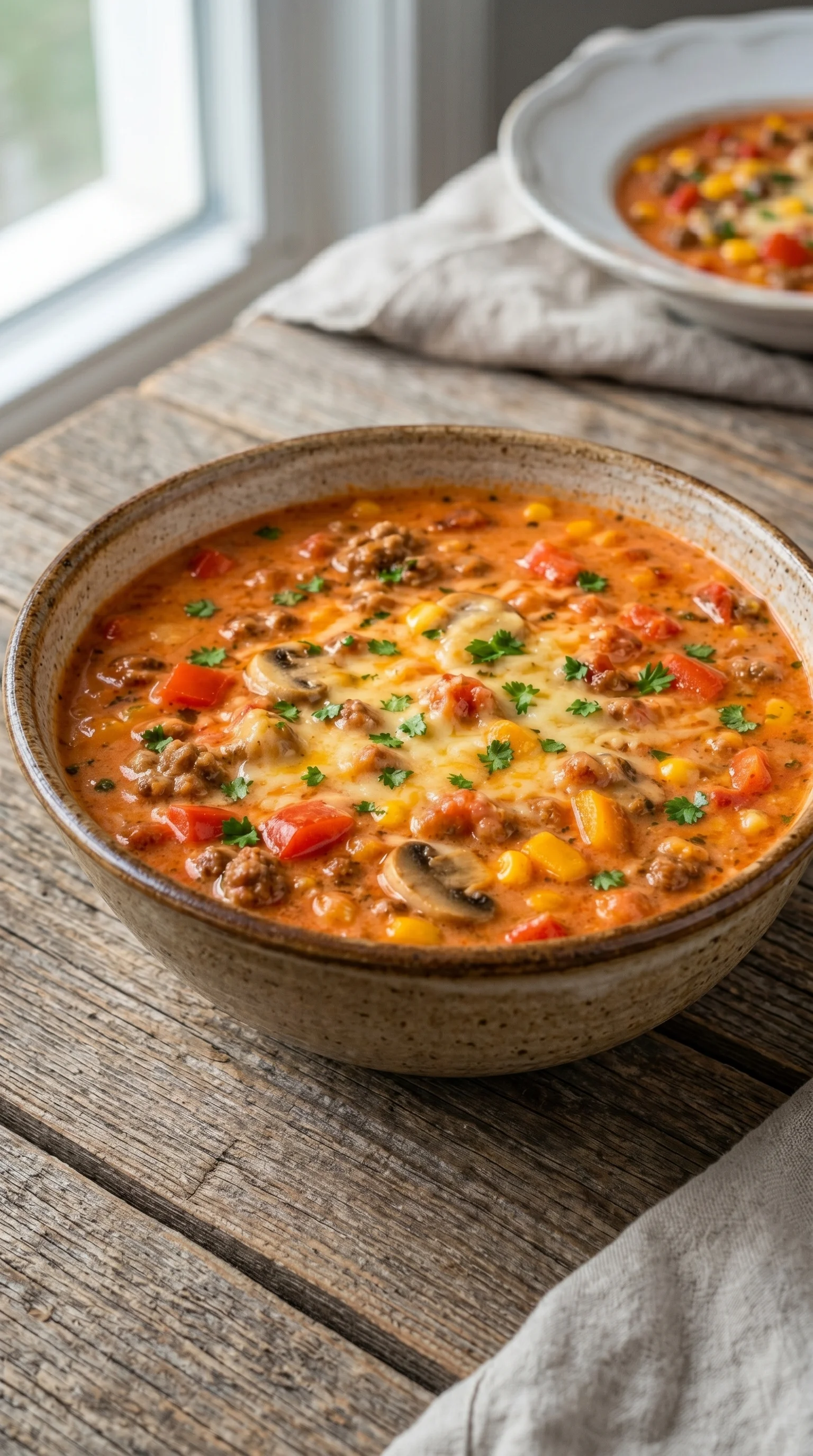 A bowl of soup with meat and vegetables.