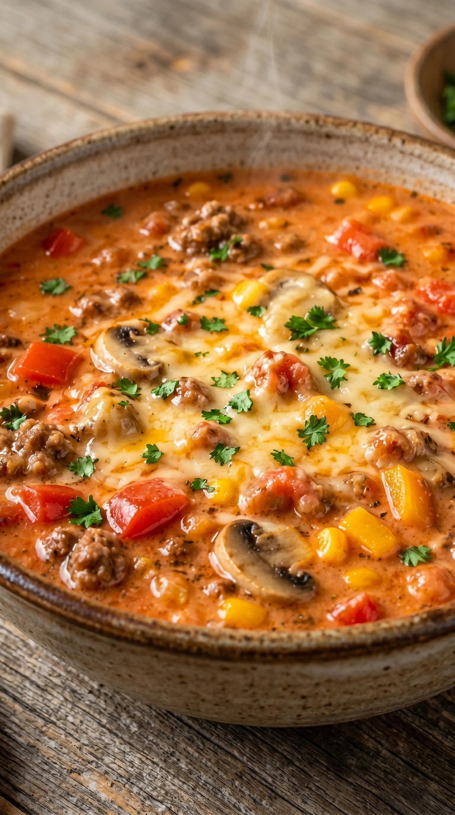 A bowl of soup with mushrooms and meat.