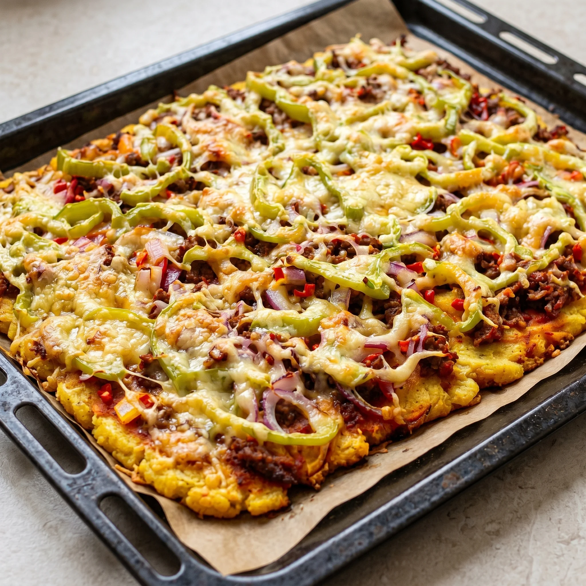 A pizza with cheese and peppers on it.