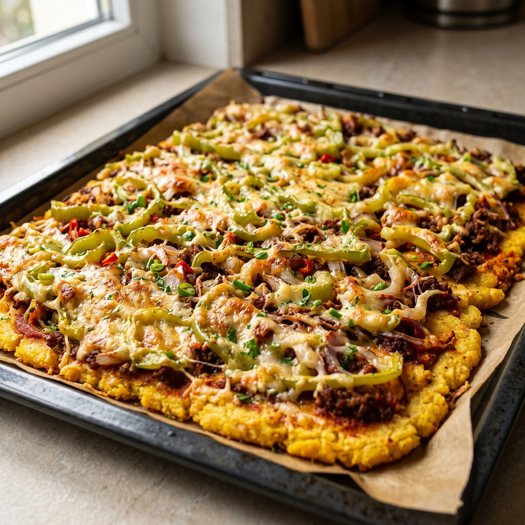 A pizza with cheese and vegetables on top.