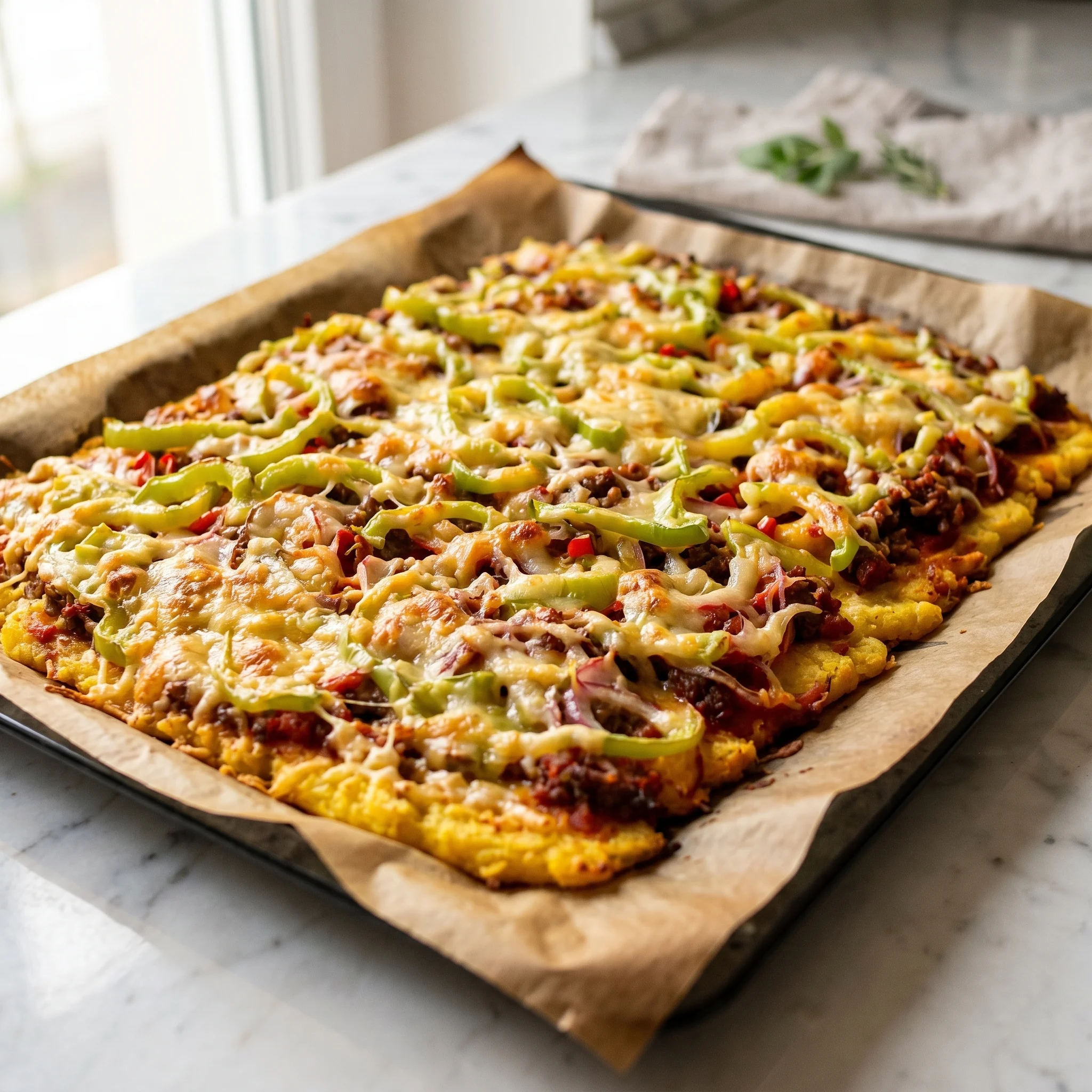 A pizza with cheese and vegetables on a paper towel.